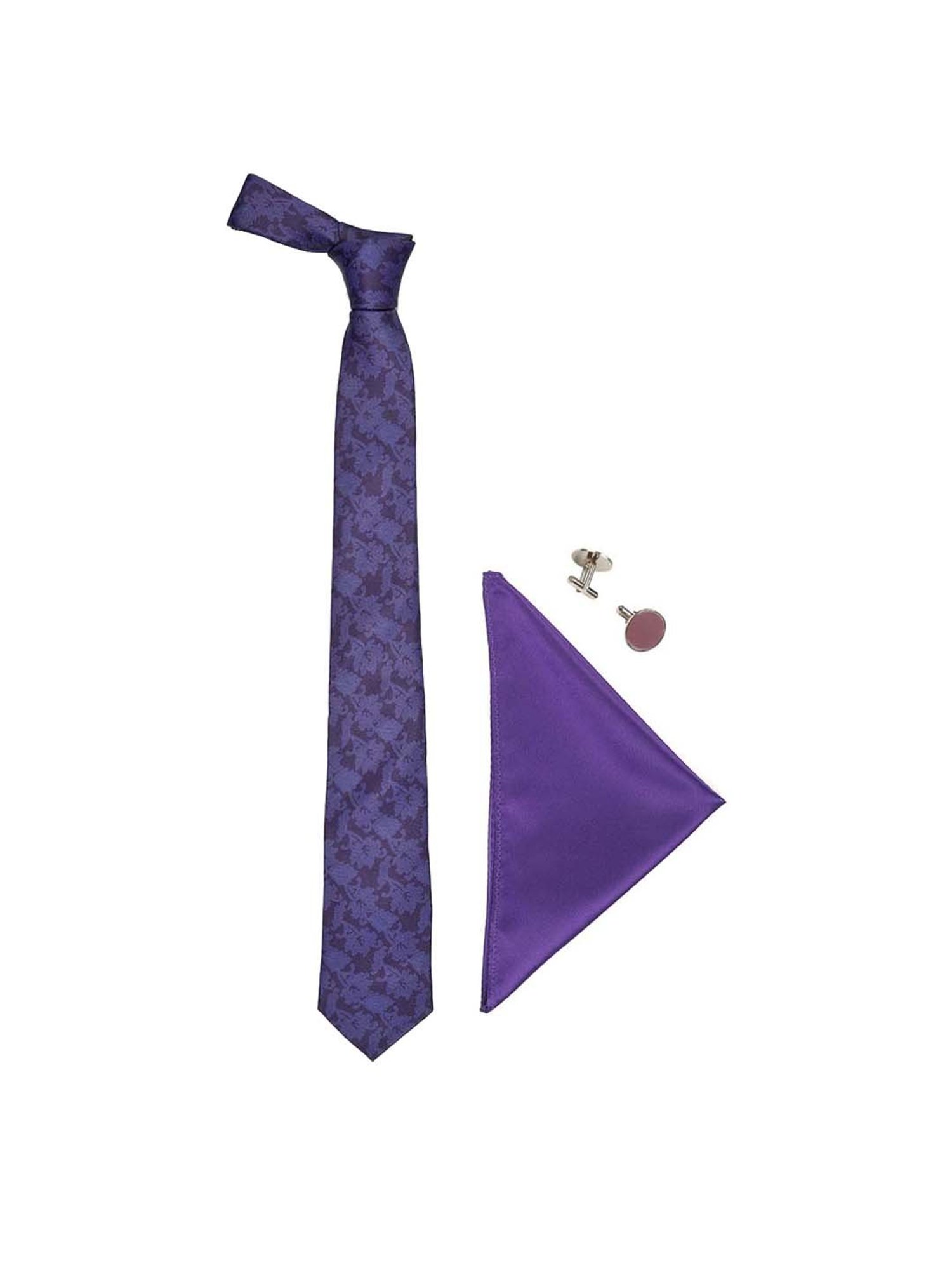 Tossido Purple Woven Necktie With Pocket Square and Cufflinks