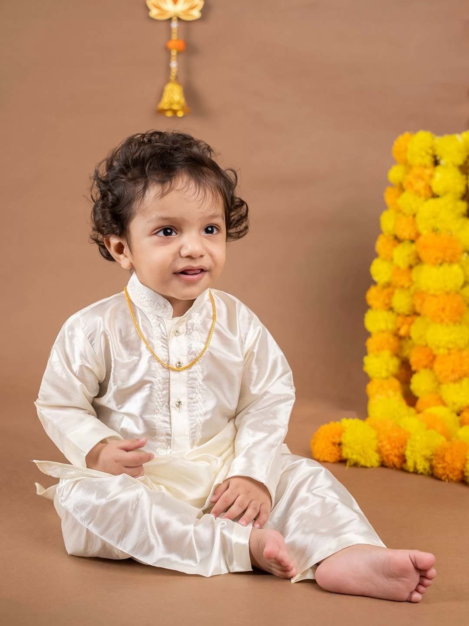 Baby Moo Kids Cream & Yellow Regular Fit Full Sleeves Kurta Set