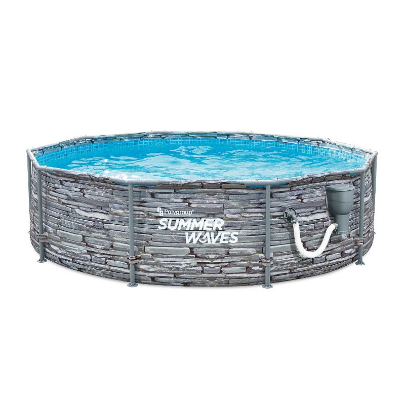 Summer Waves Active 8 Foot x 30 Inch Stone Slate Print Metal Frame Above Ground Swimming Pool Set with Filter Pump, Type I Cartridge, and Repair Patch