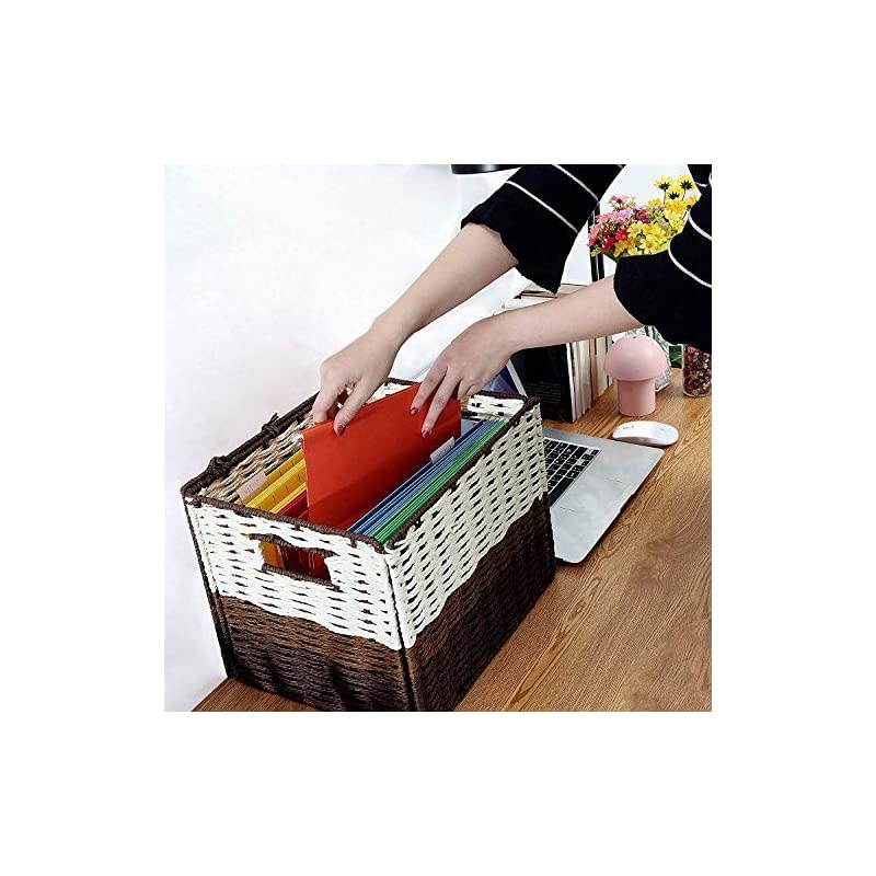 File Storage Organizer, Letter Size Hanging File Box Organizers with Lid，Decorative Seagrass Filing & Storage Office Box | Letter Size (3 Color)