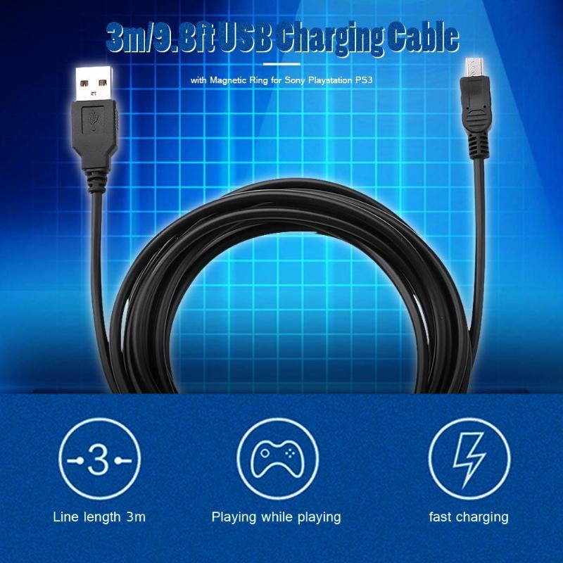 3m/9.8ft USB Charging Cable with Magnetic Ring for PS3 Wireless Controller USB Charger for Sony Playstation PS3 Accessories
