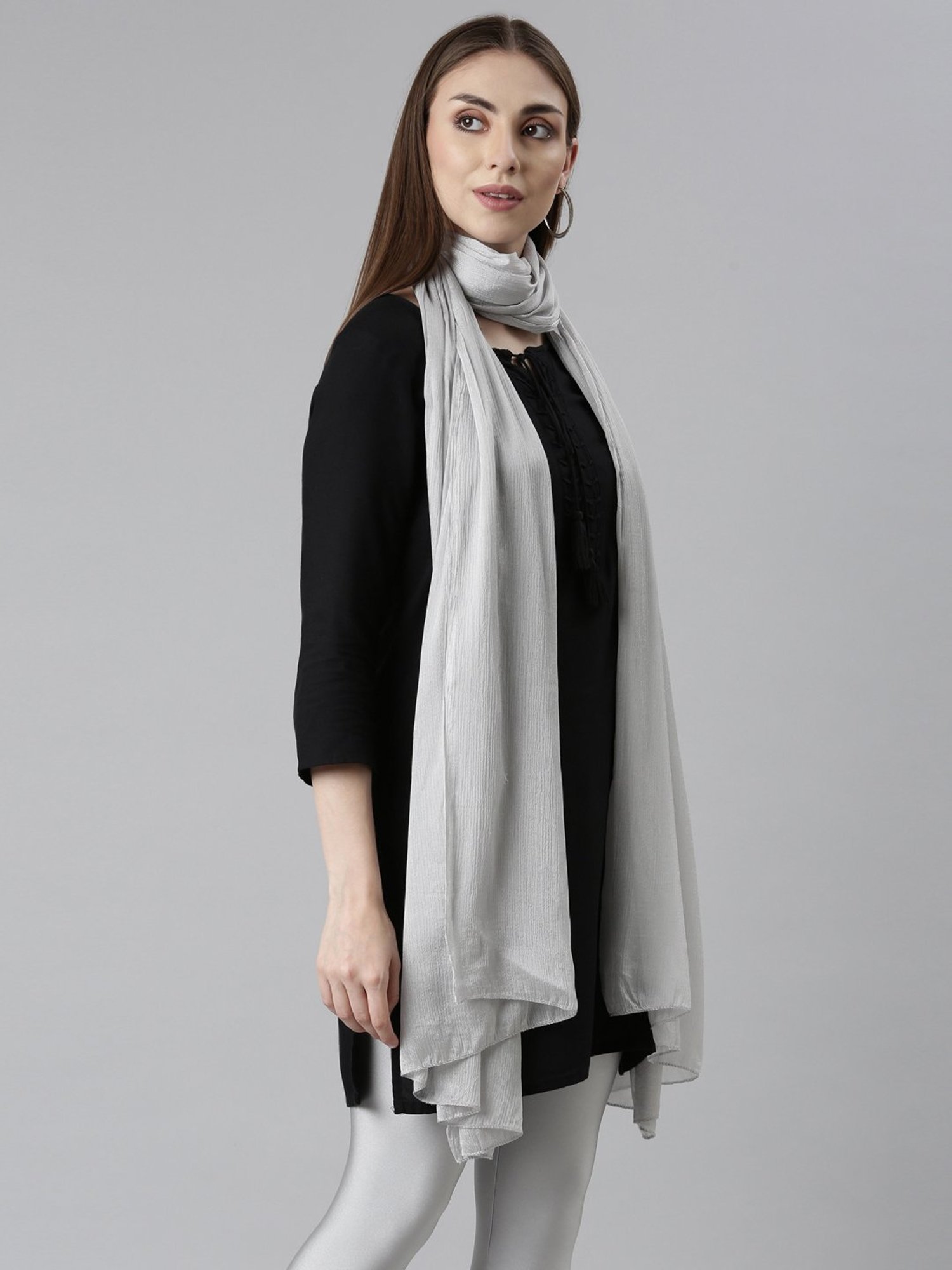 TWIN BIRDS Silver & Black Plain Dupatta - Pack Of 2