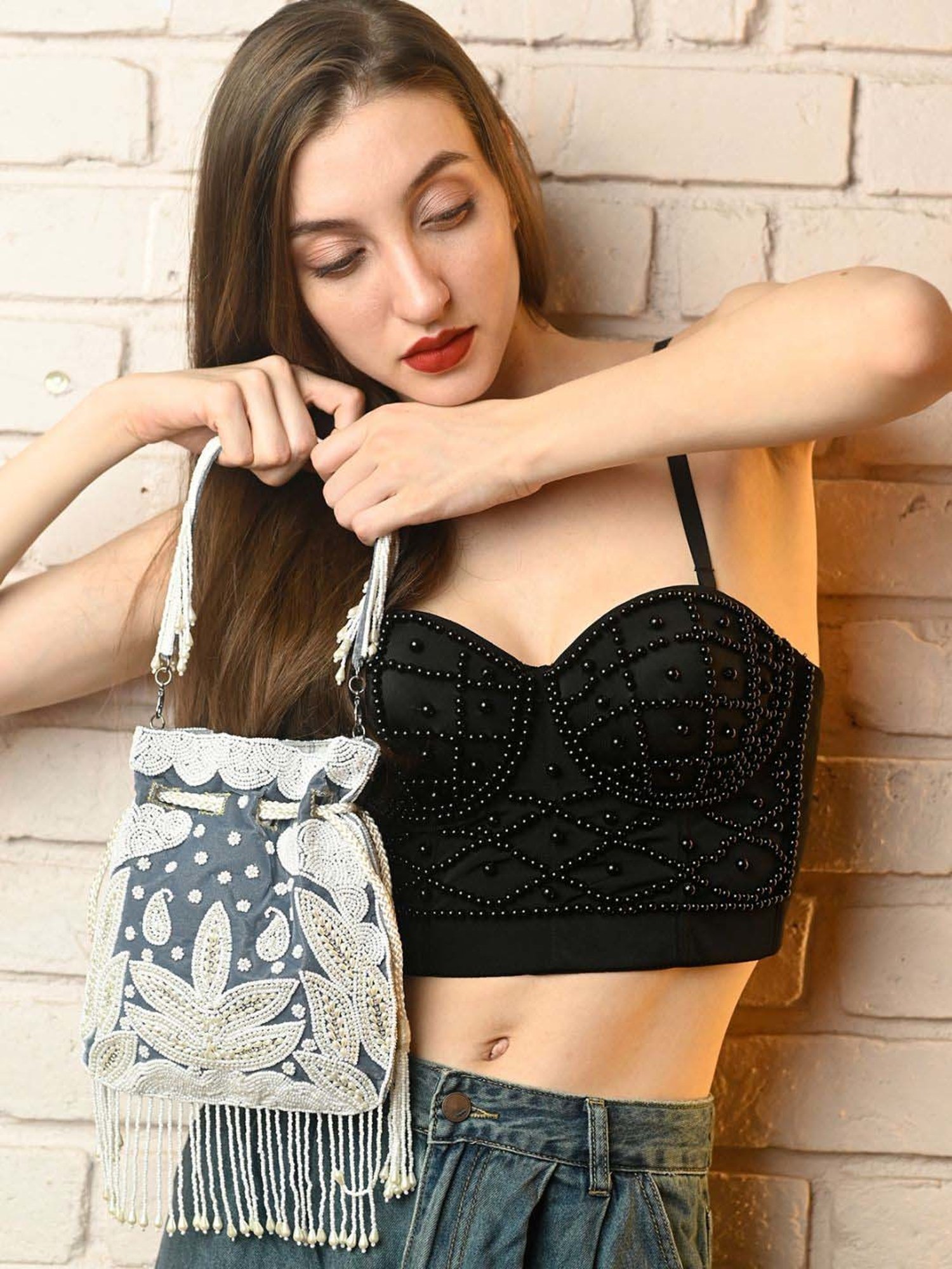 Odette Blue & White Embroidered Potli