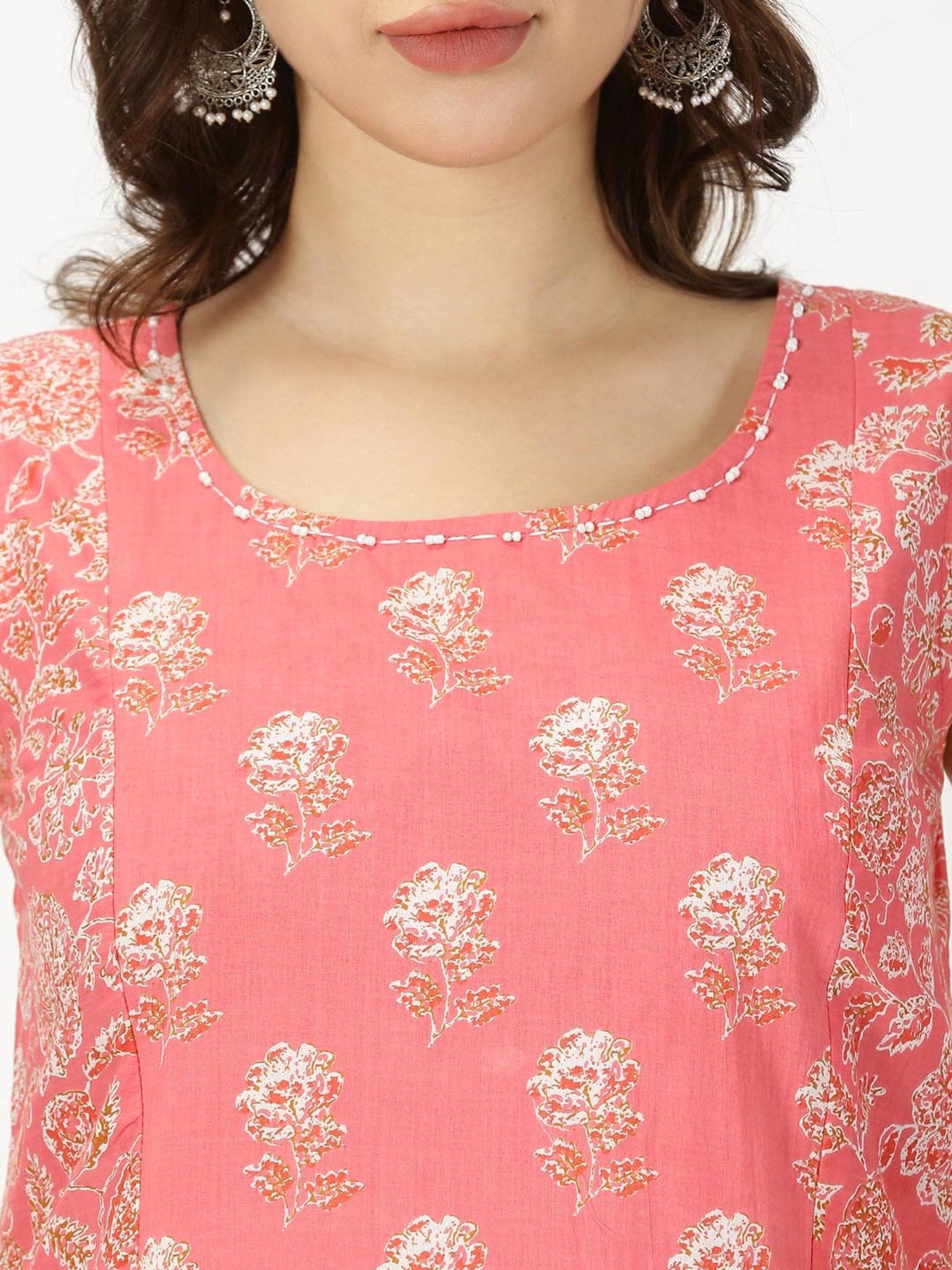 Saffron Threads Coral Cotton Floral Print Ethnic Dress