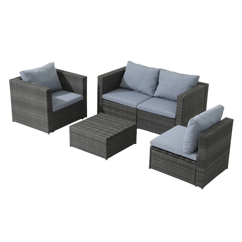 5pc Wicker Rattan Sofa Set with Gray Cushions - Accent Furniture