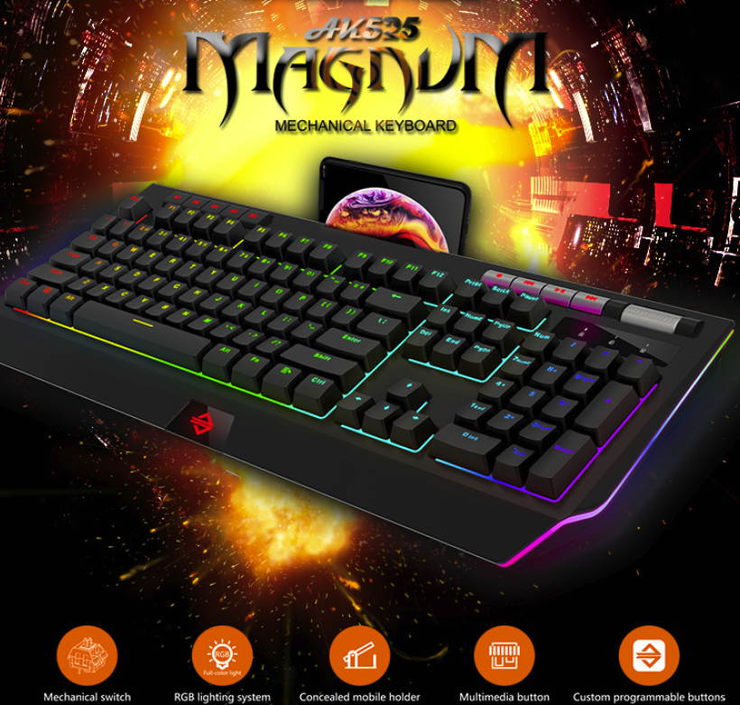A-jazz AK525  Ergonomic Design, Cool Exterior USB  Wired Brown Mechanical RGB Gaming Keyboard - Black