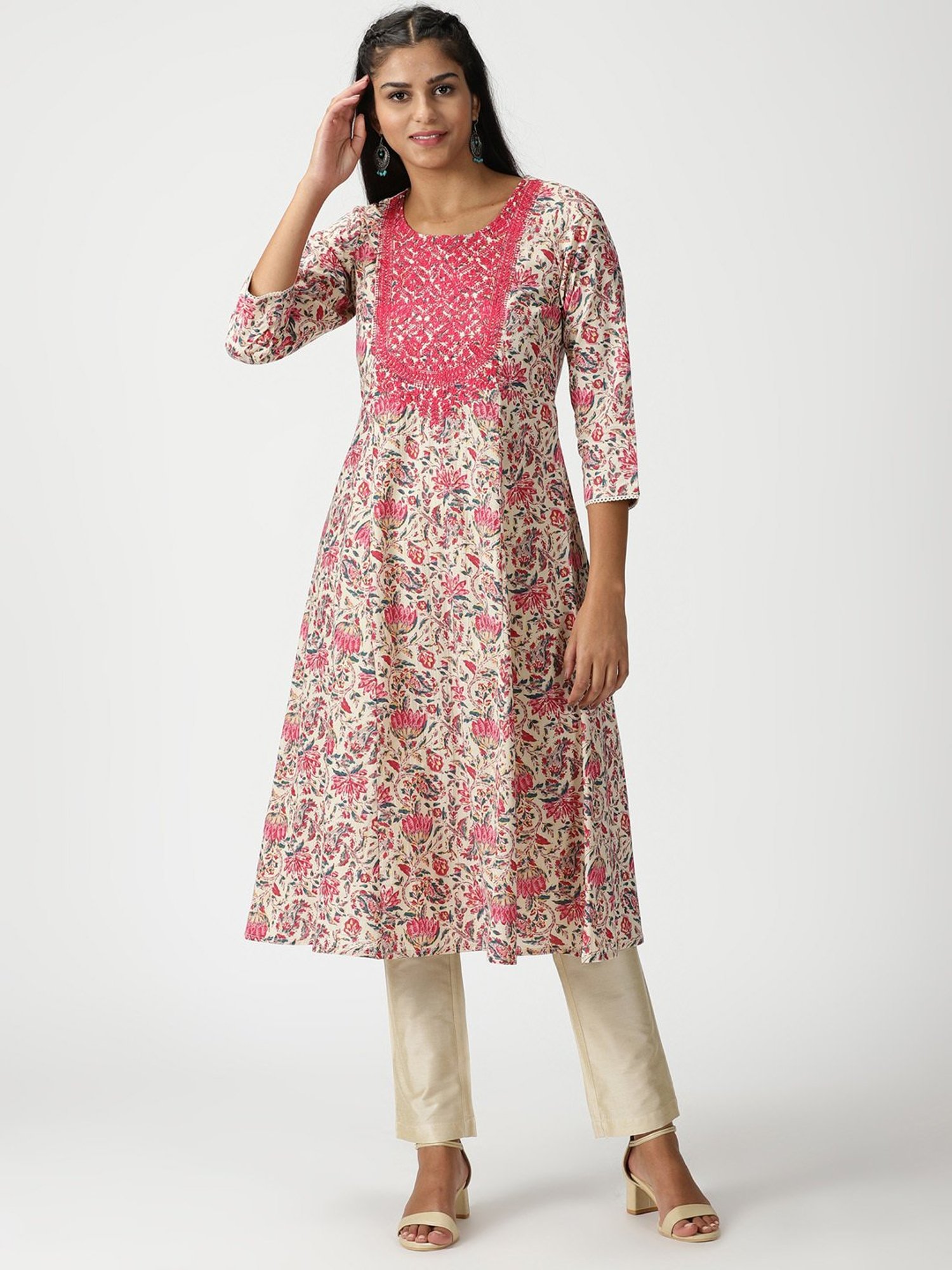 Saffron Threads Beige & Pink Cotton Embroidered A Line Kurta