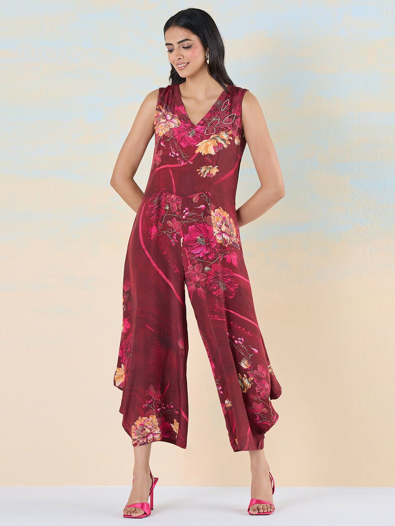 navyasa by liva Maroon Floral Print Jumpsuit