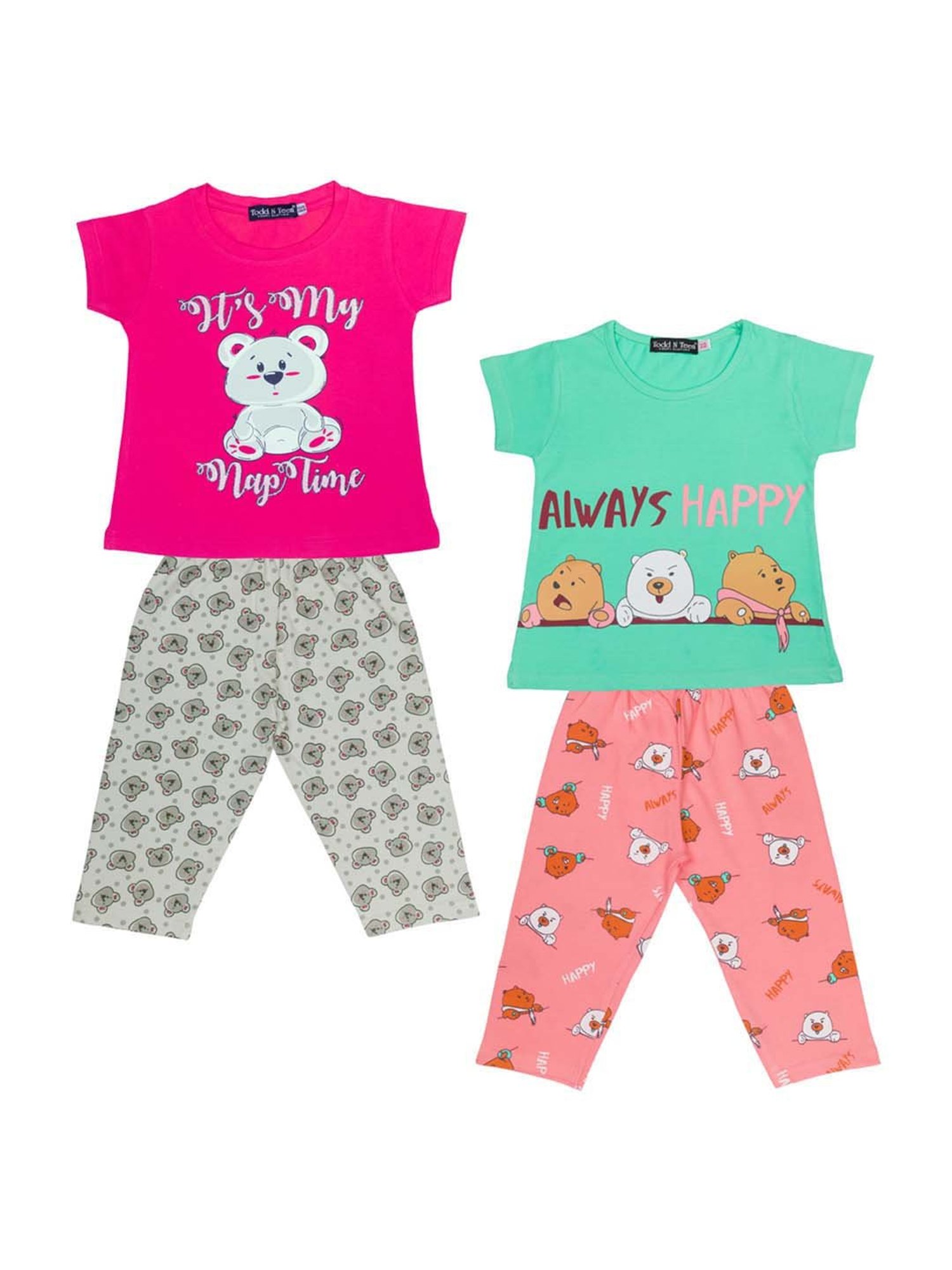 Todd N Teen Kids Pink & Green Cotton Printed T-Shirt & Capris - Pack of 2