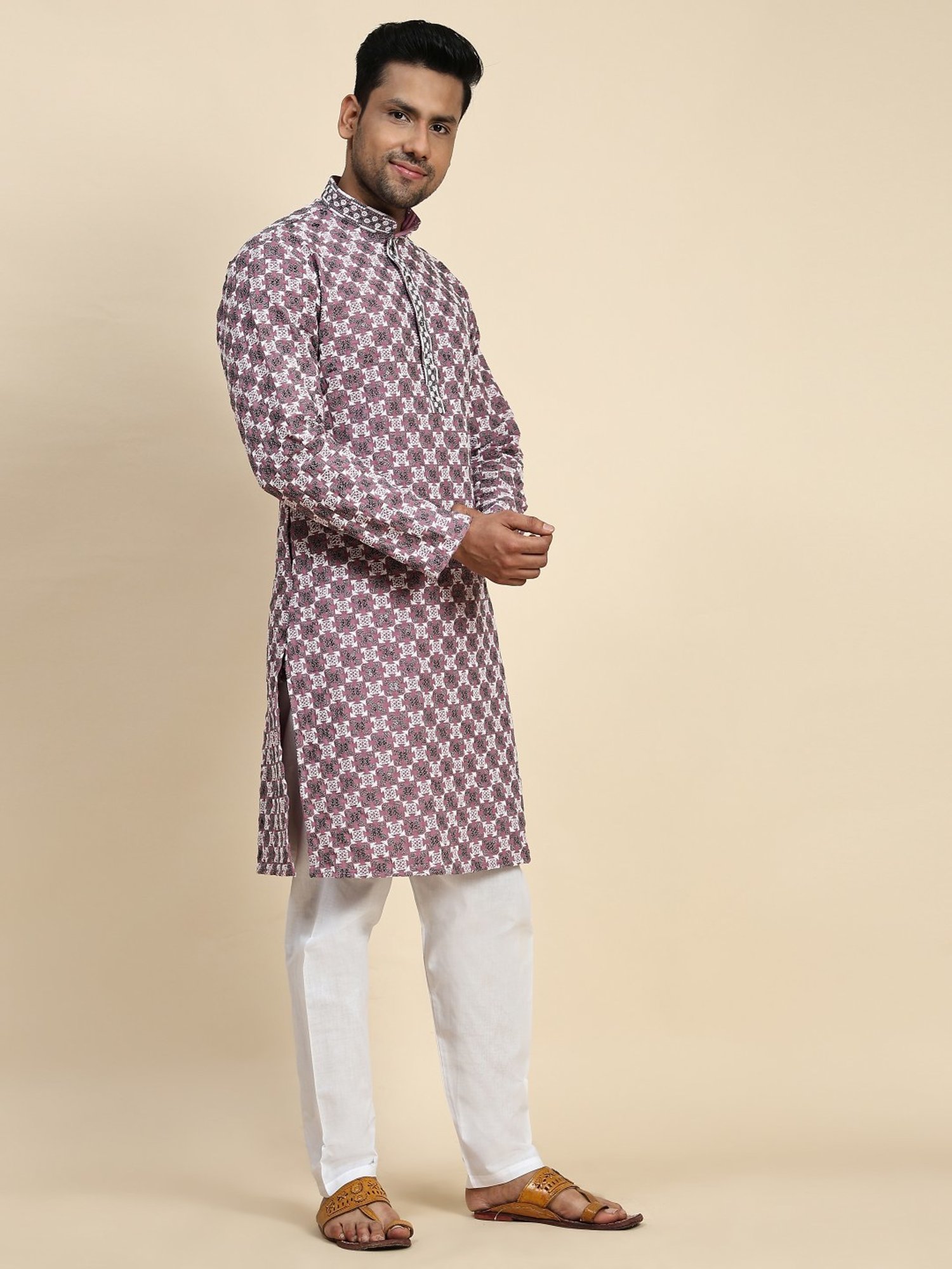 Pro-Ethic Style Developer Pink & White Cotton Regular Fit Embellished Kurta Bottom Set