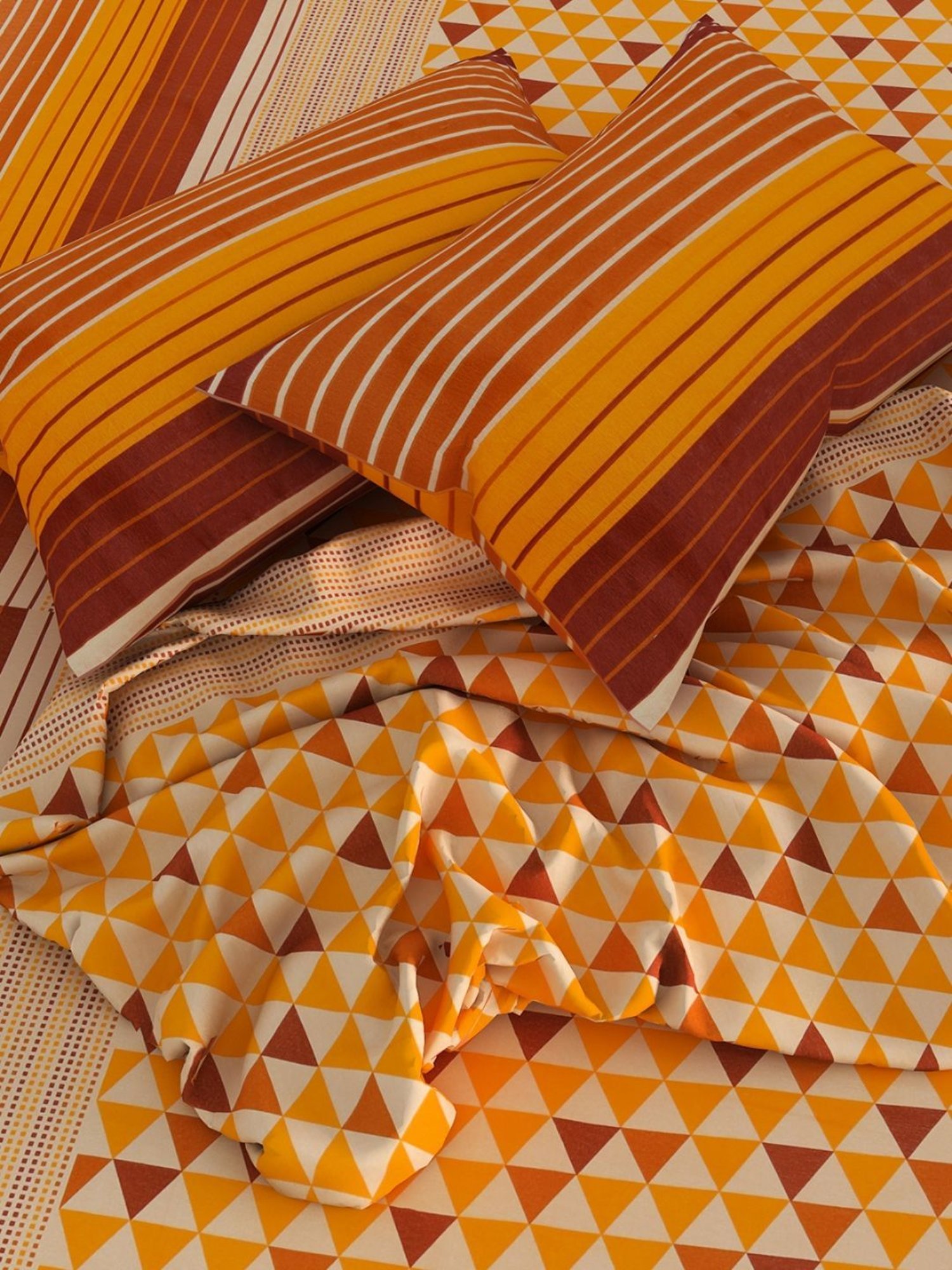 Romee Geometric Brown & Mustard 144 TC Cotton Queen Sized Bed Sheet with 2 Pillow Covers
