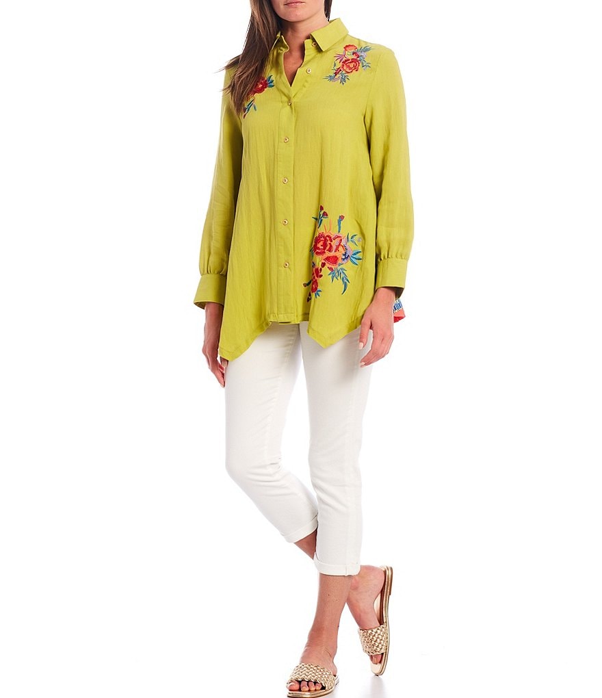 Calessa Floral Embroidery Front Contrast Back Long Sleeve Shirt