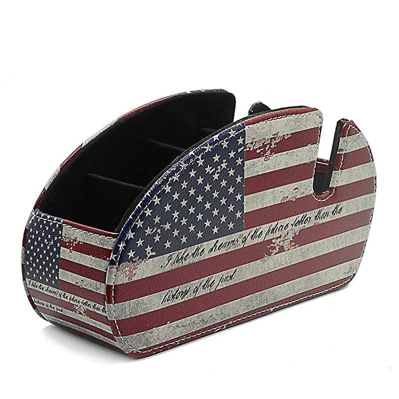Remote Control Holder Organizer Phone Pad Table Desk Leather Control Storage TV Remote Control Organizer with 5 Spacious Compartments (American Flag)