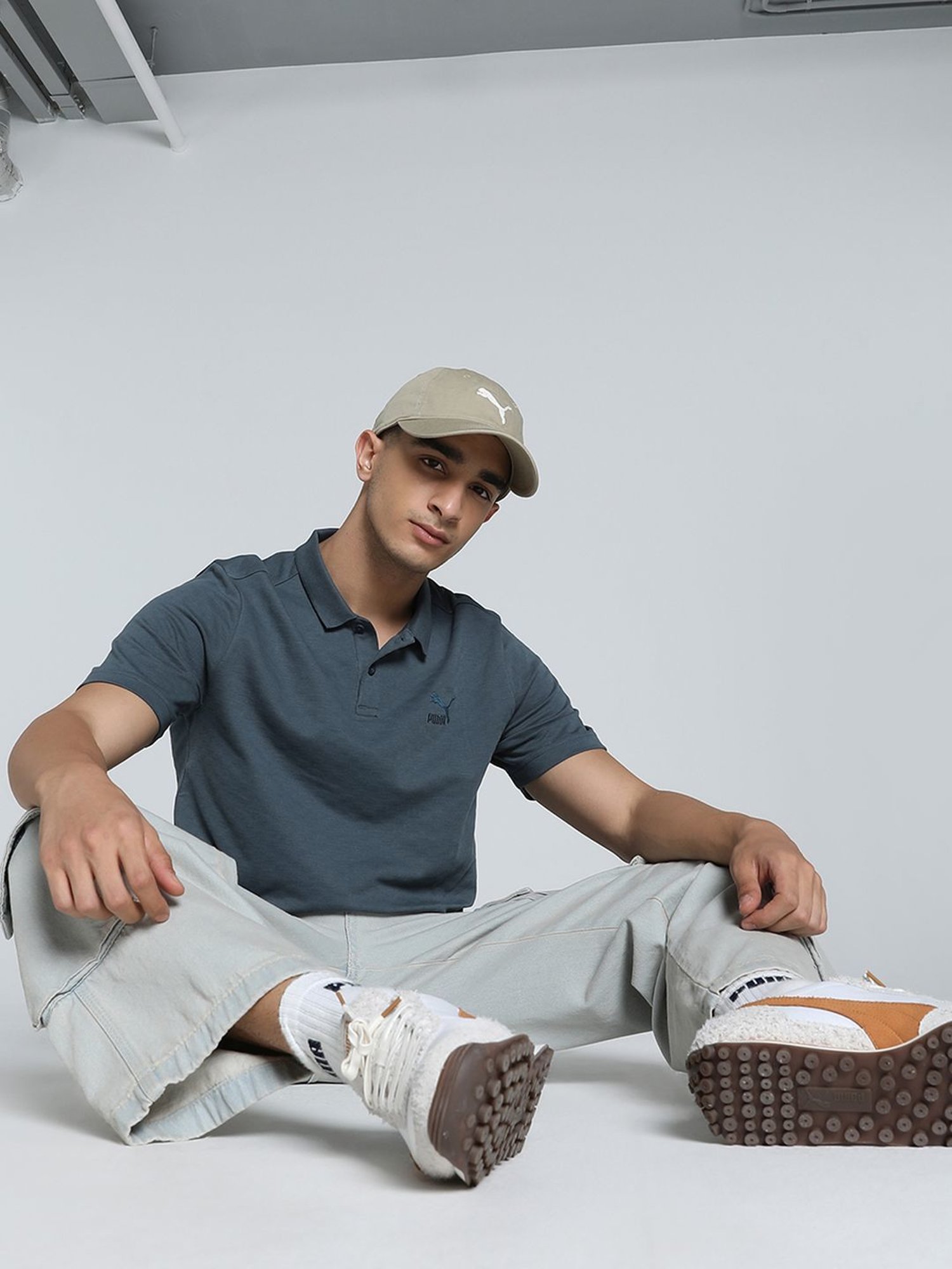 Puma Grey Cotton Regular Fit Texture Polo T-Shirt