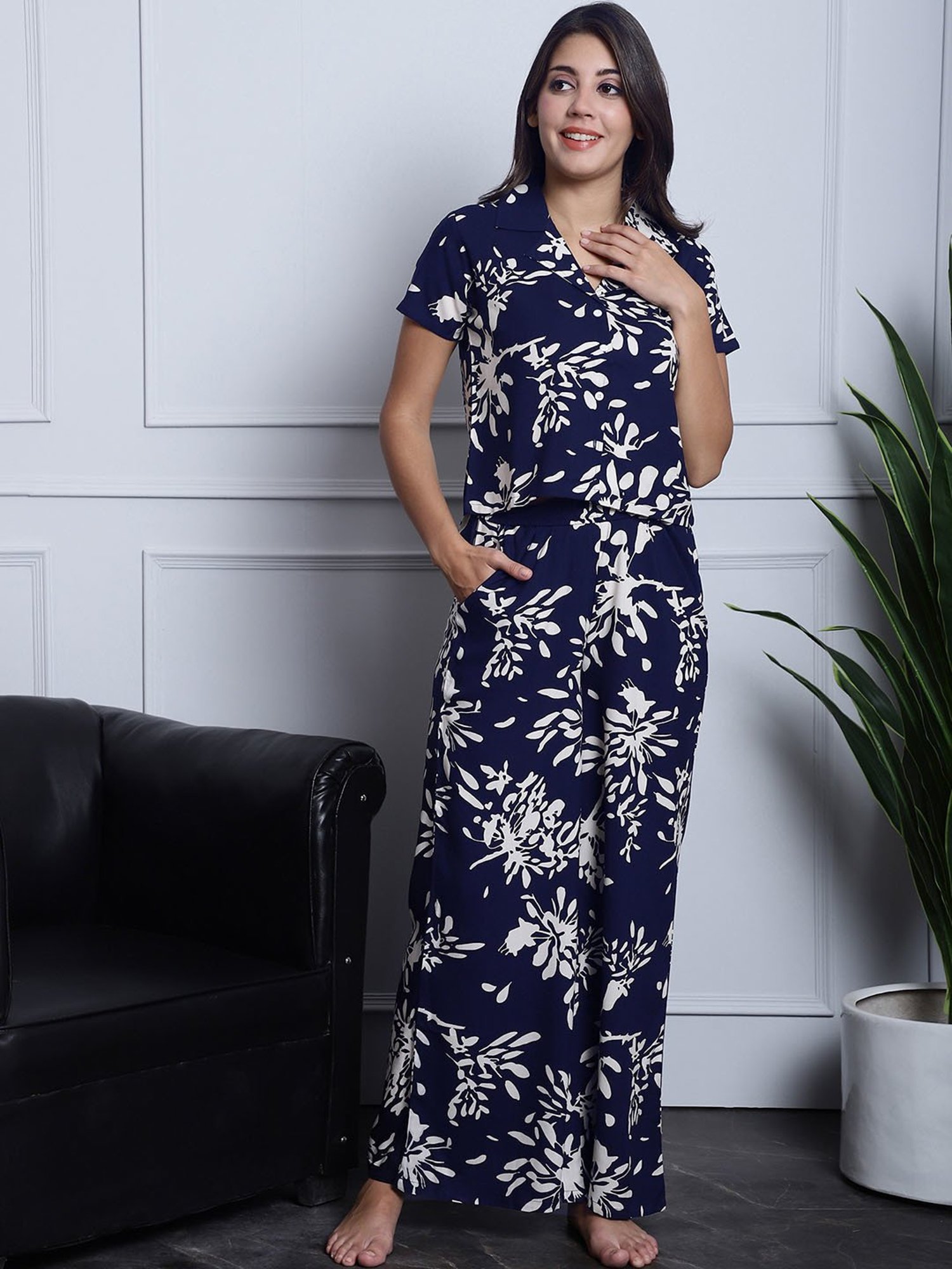 Boston Club Navy Printed Top With Pyjamas