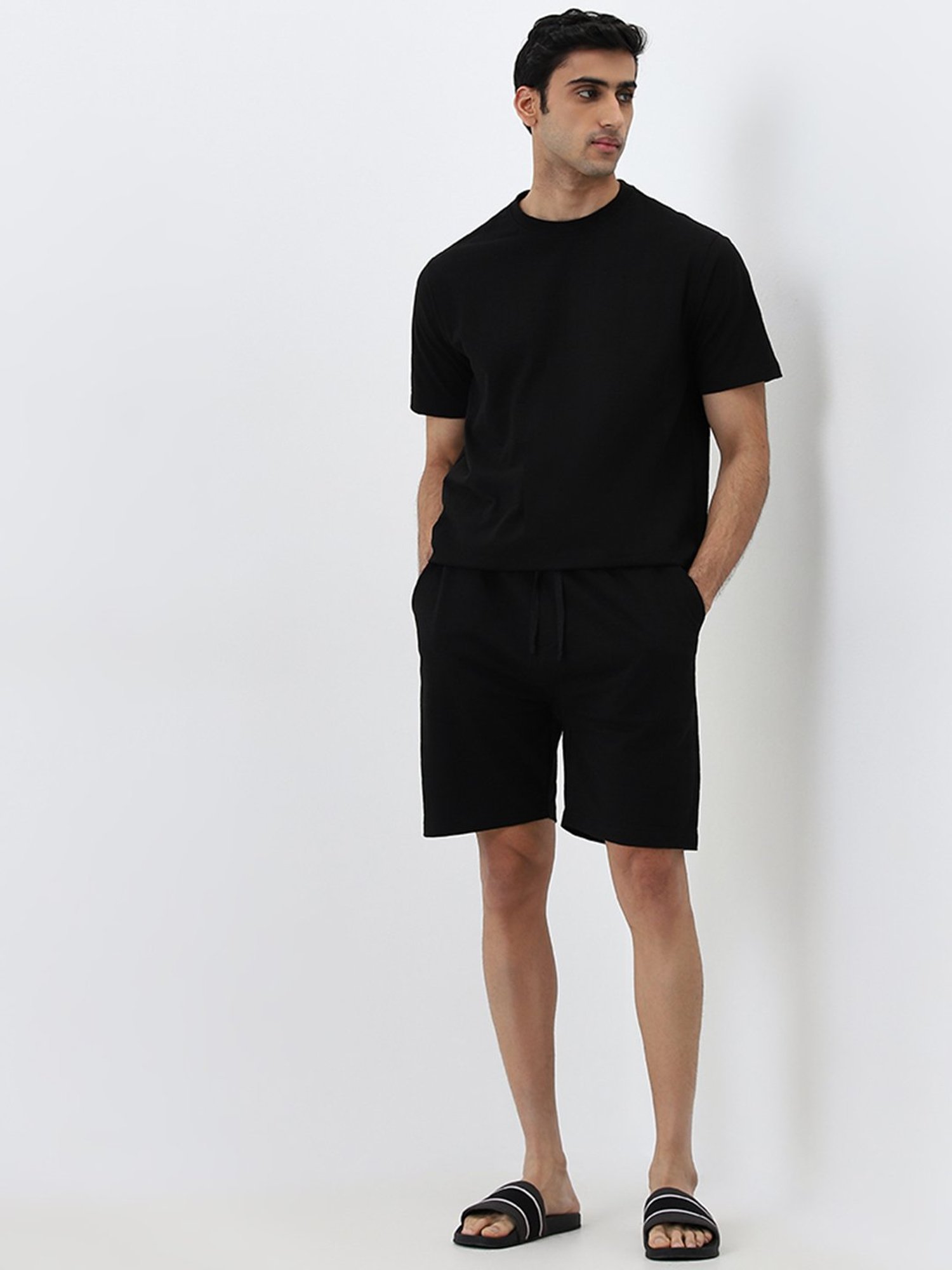 WES Lounge by Westside Black Mid-Rise Relaxed-Fit Cotton Blend Shorts