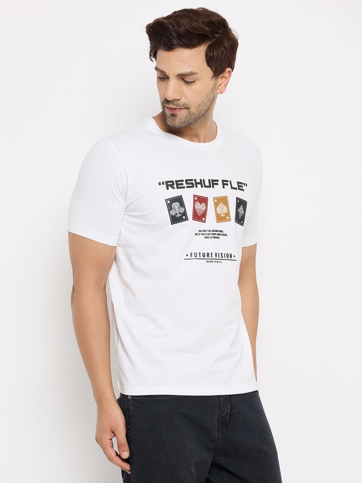 Duke White Slim Fit Printed T-Shirt