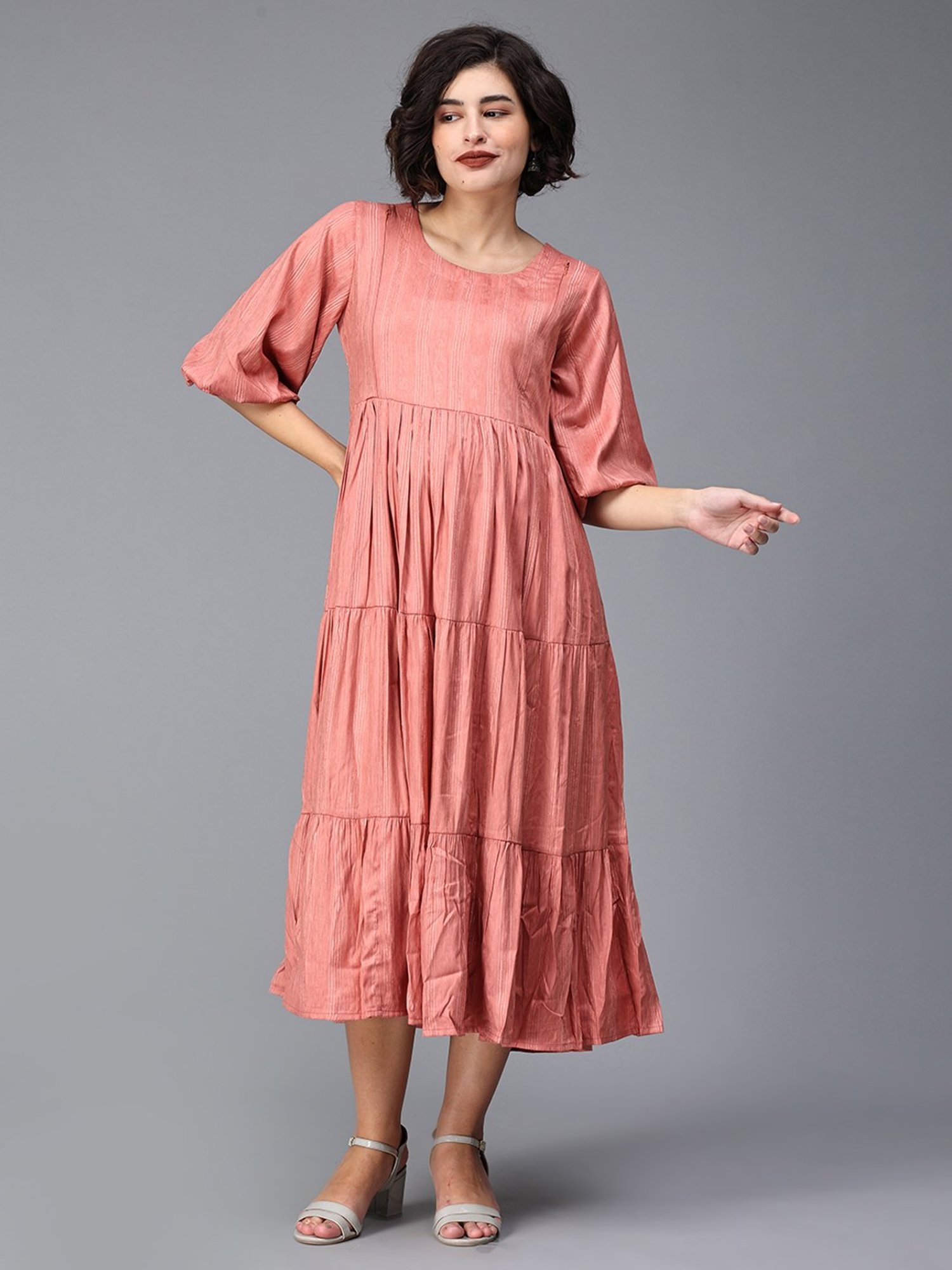 The Mom Store Peach Striped Maternity & Nursing Midi Tier Dress