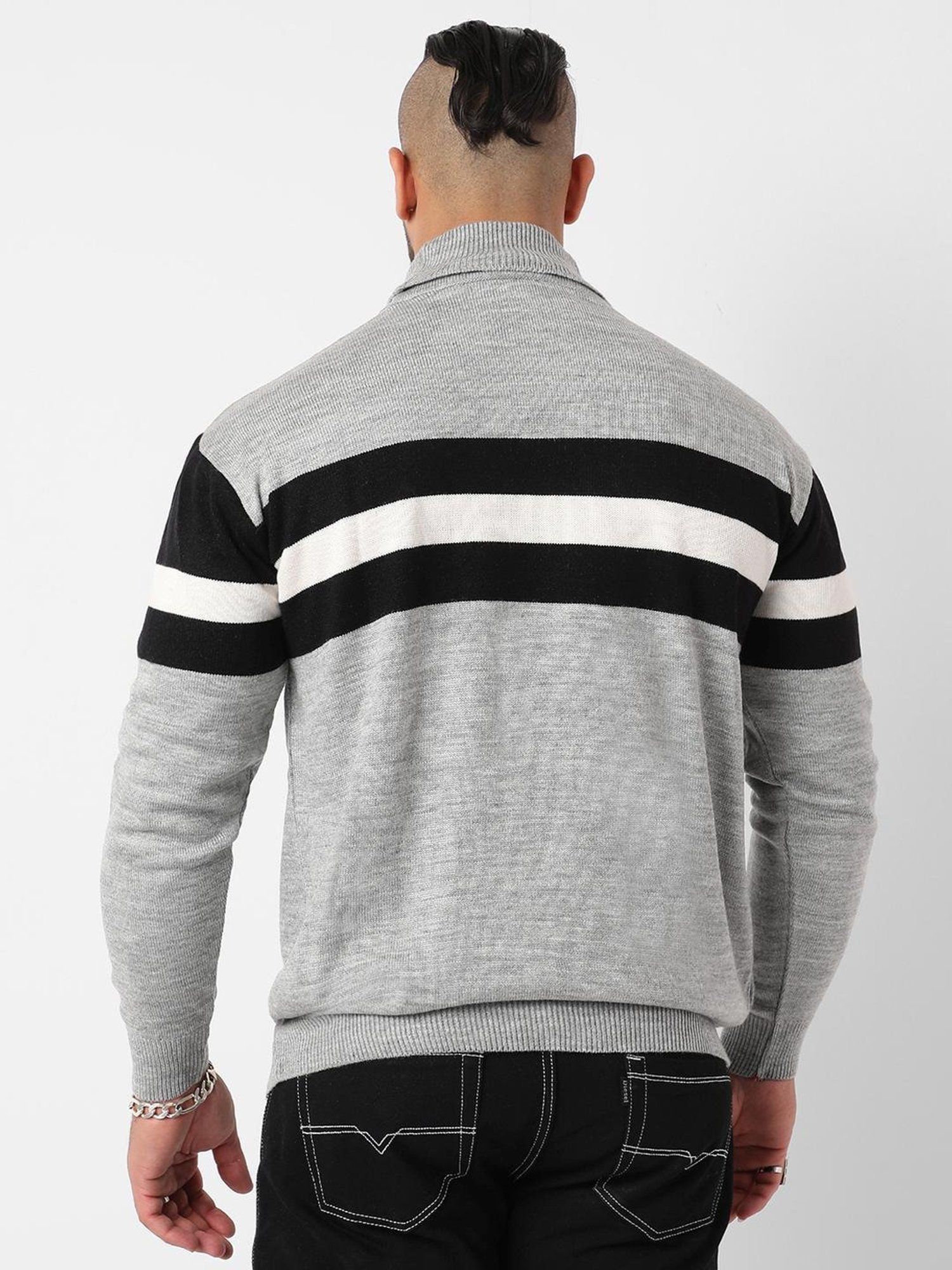 Instafab Plus Light Grey Regular Fit Striped Plus Size Sweater