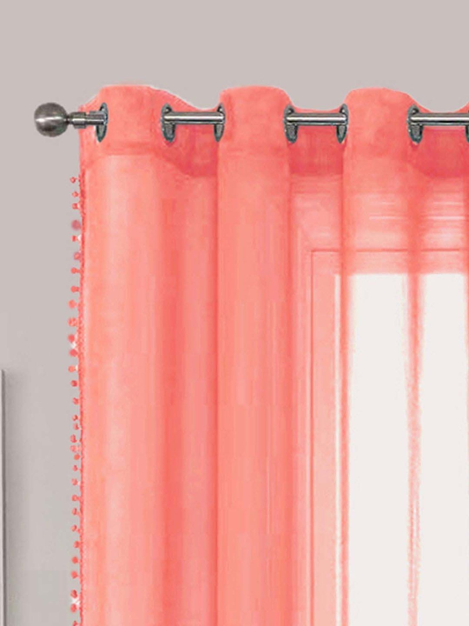 Urban Space Peach Cotton Pom Pom Sheer Door Curtain - Set of 2