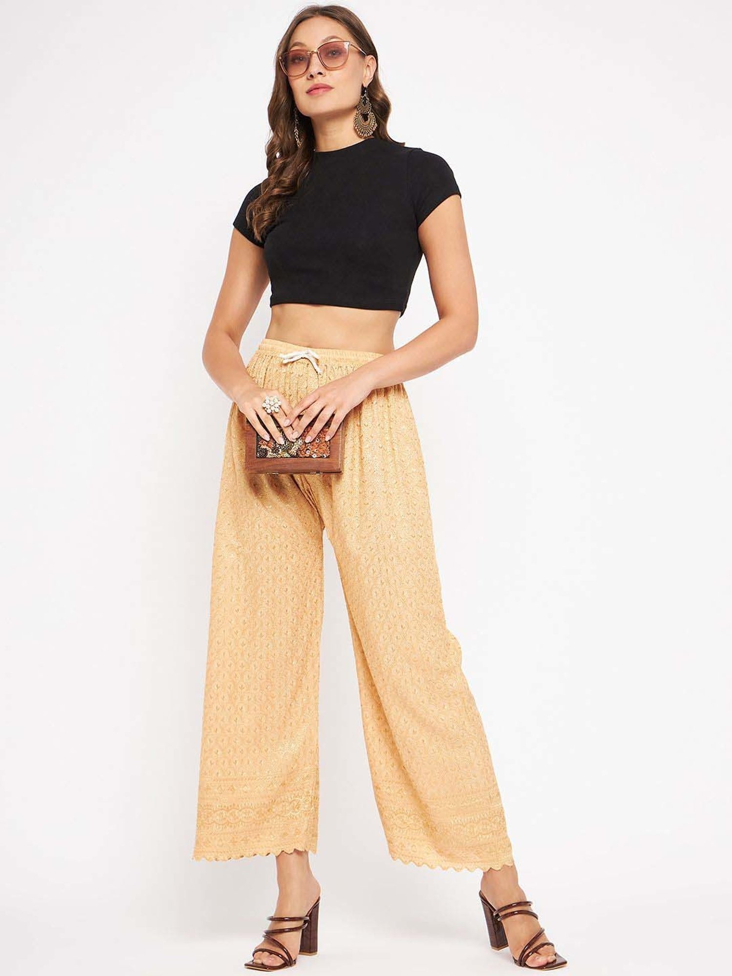 Castle Beige Embroidered Palazzos