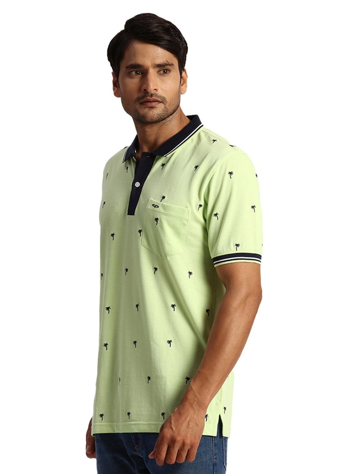 ColorPlus Green Cotton Tailored Fit Printed Polo T-Shirt
