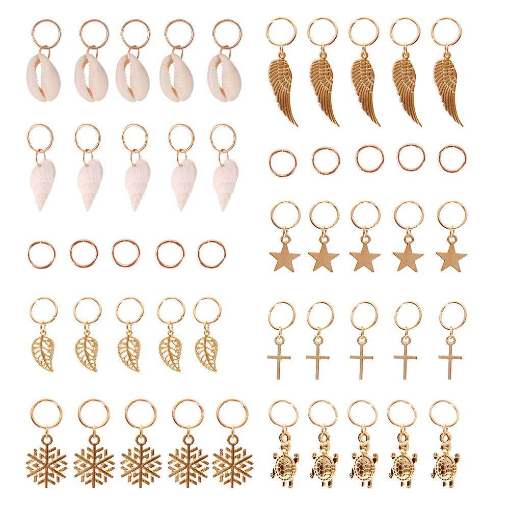 50 Pcs Gold Shell Hands Leaves Star Conch Snowflake Pendant Charms Rings Set Hair Clip Headband Accessories for Pierced Braid