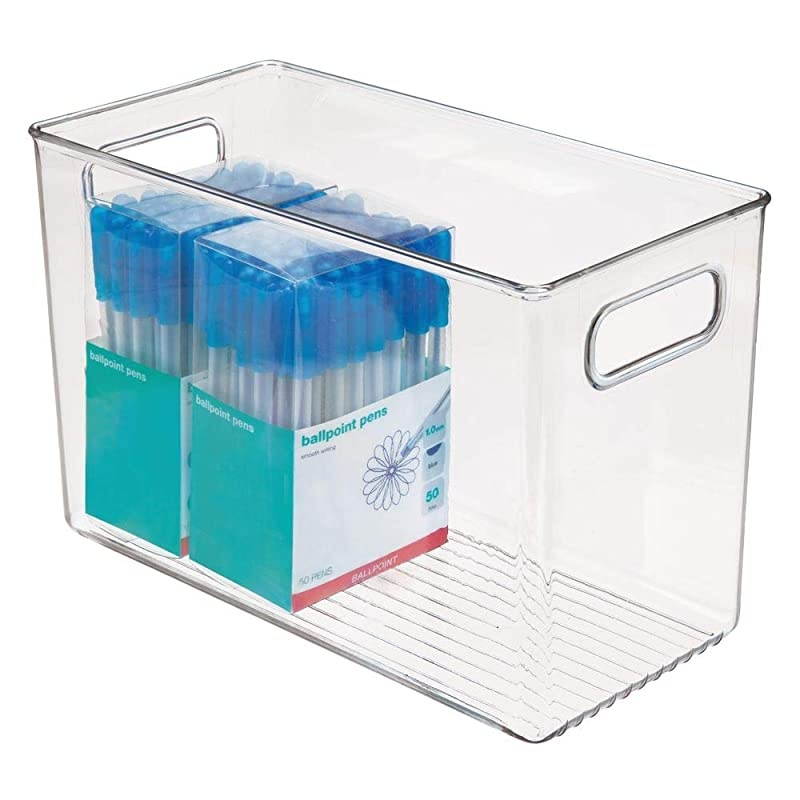 Rectangular Plastic Office Supplies Storage Organizer Bin with Carrying Handles for Pads Pens Pencils Dry Erase Markers Highlighters Sticky Notes Mailing Labels Clear