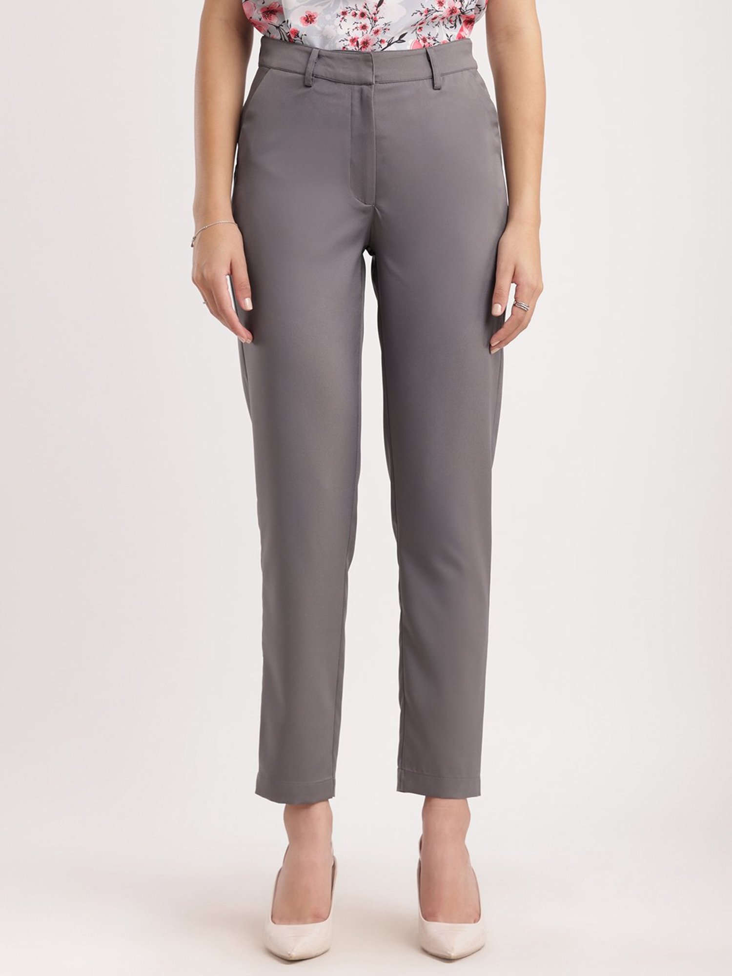 Fablestreet Grey Polyester Relaxed Fit Mid Rise Trousers