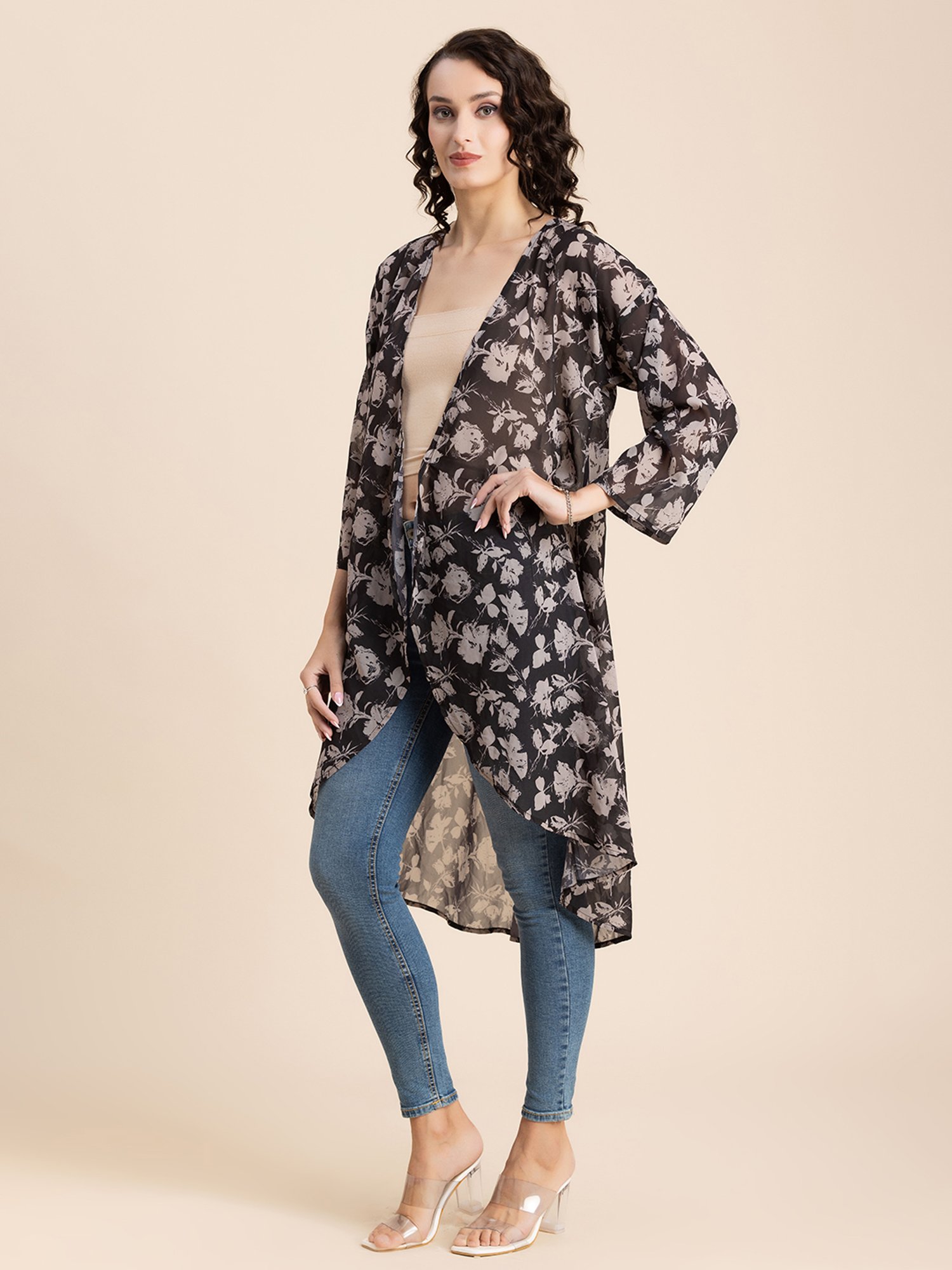 Moomaya Black & Beige Floral Print Cover Up