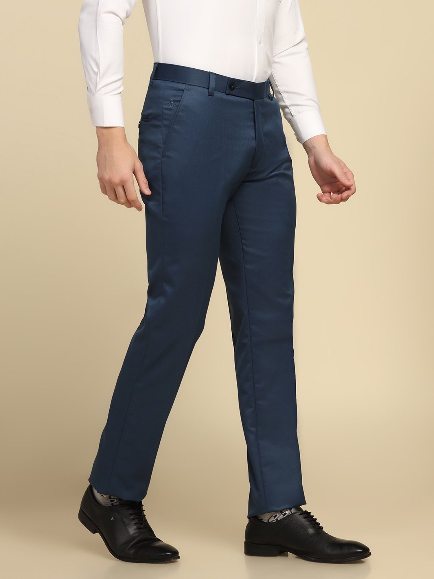 TAHVO Dark Blue Regular Fit Flat Front Trousers