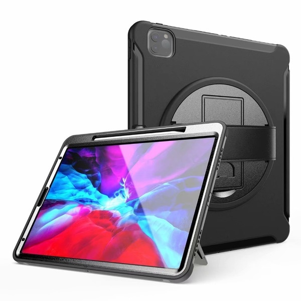 Military Grade Hybrid Armor Case with Hand Strap & Kickstand for iPad Pro 12.9 inch (3rd, 4th and 5th Generation) - Black