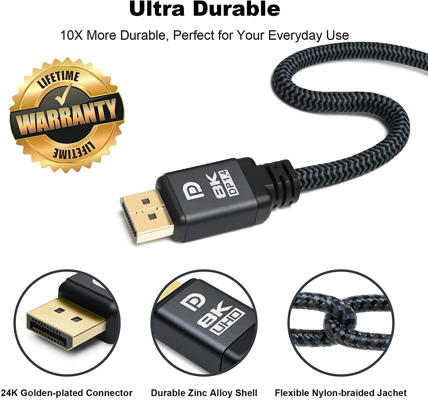 Yauhody 8K DisplayPort 1.4 Cable 10ft (3 Pack) High Speed 32.4Gbps Durable Nylon Braided VESA Certified HBR3 HDR HDCP 2.2 8K@60Hz 4K@144Hz 2K@240Hz 8K DP to DP 1.4 Cord (10ft 3 Pack Gray)