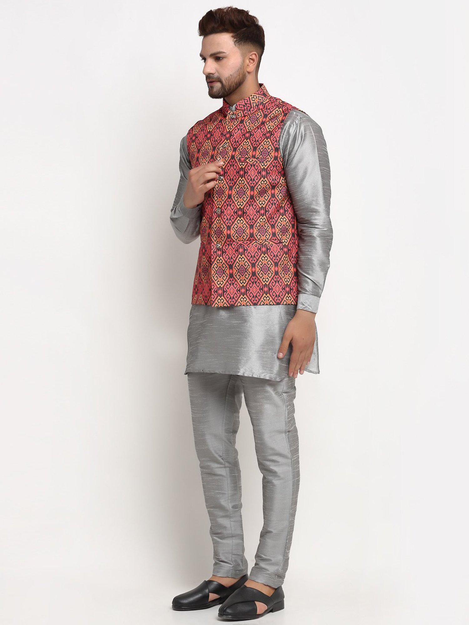 Benstoke Grey & Rust Regular Fit Geometric Kurta Set With Jacket