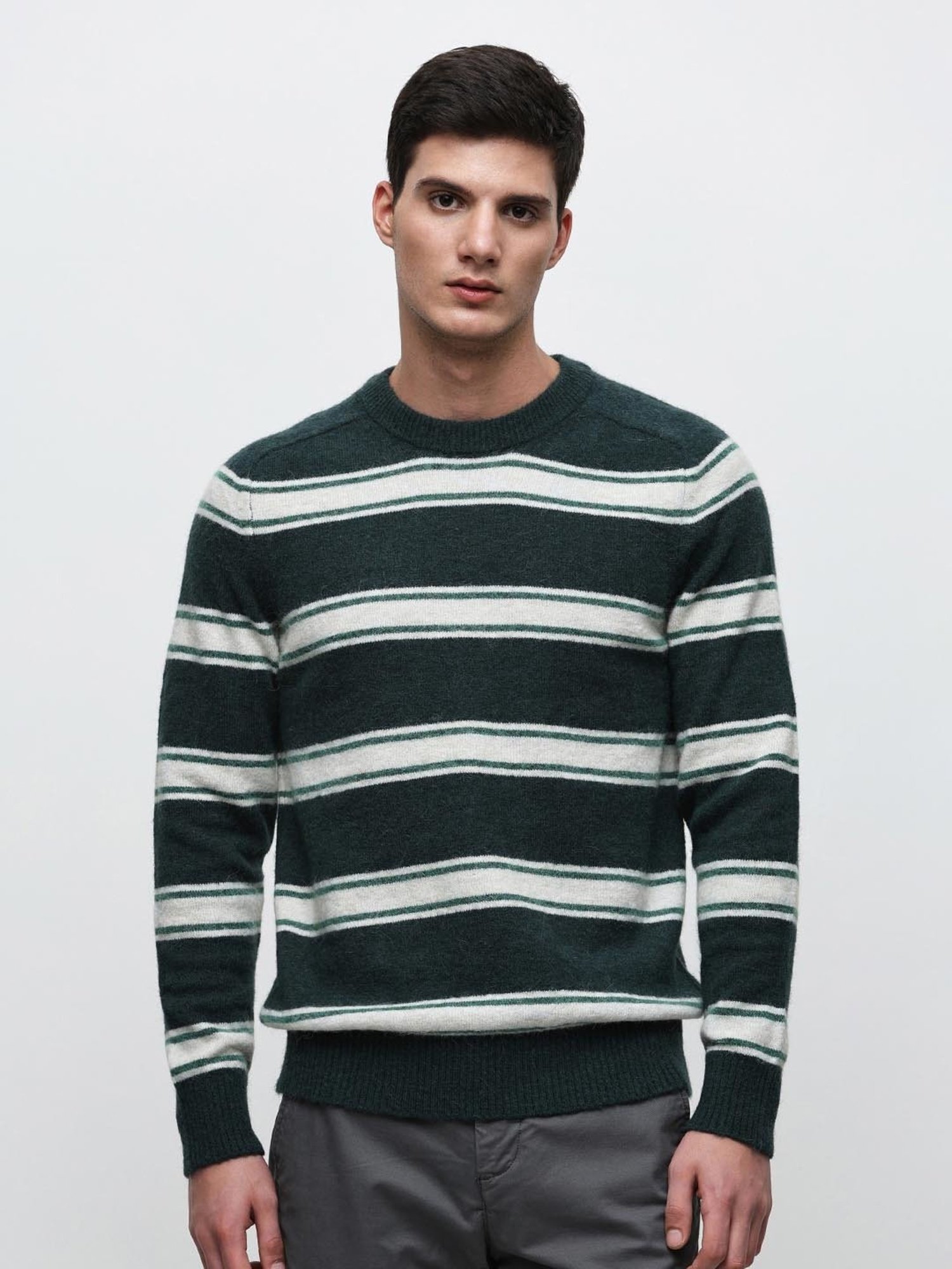 SELECTED HOMME Green & White Regular Fit Striped Sweater