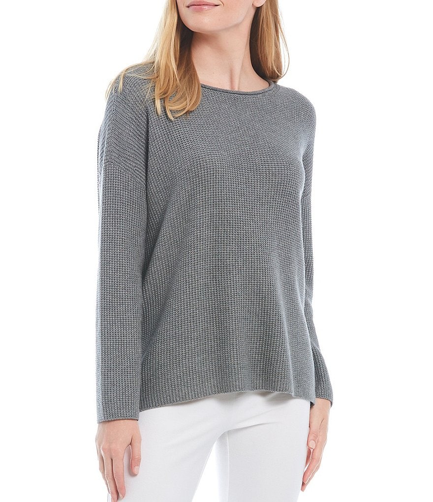 Eileen Fisher Petite Size Peruvian Organic Cotton Ballet Neck Long Sleeve Box Top