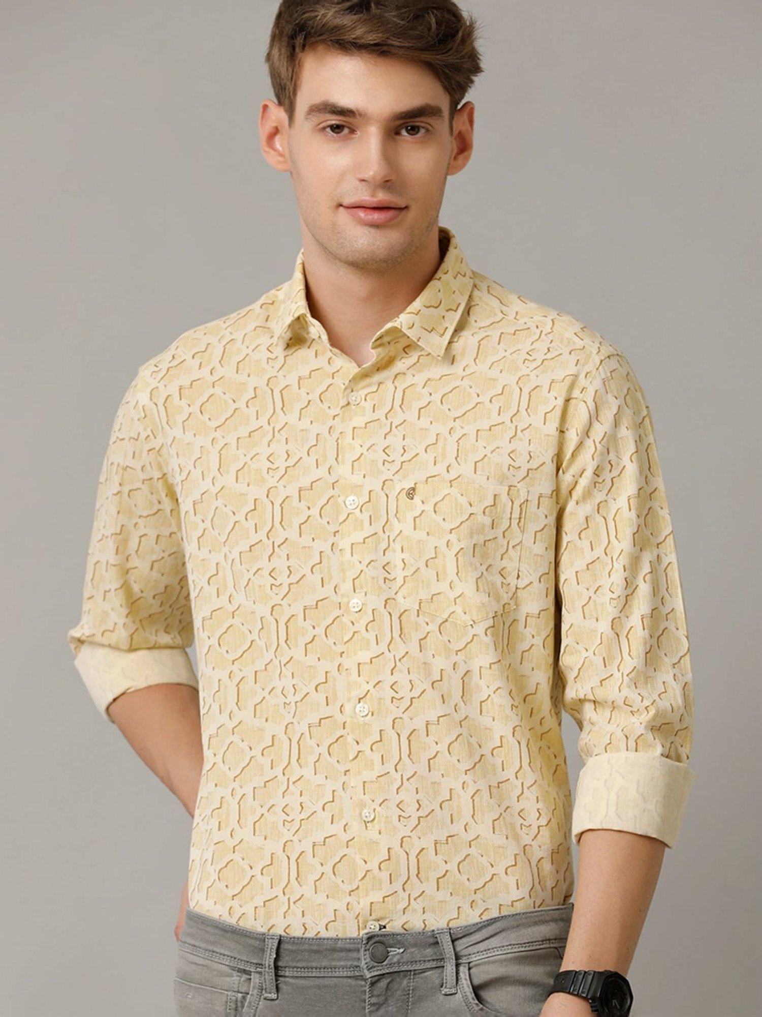 Cavallo By Linen Club Yellow Linen Contemporary Fit Printed Shirt