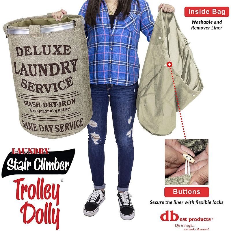 dbest products 38 Inch Stair Climber Trolley Dolly with Laundry Hamper Utility Cart with Removable Washable Liner, Beige