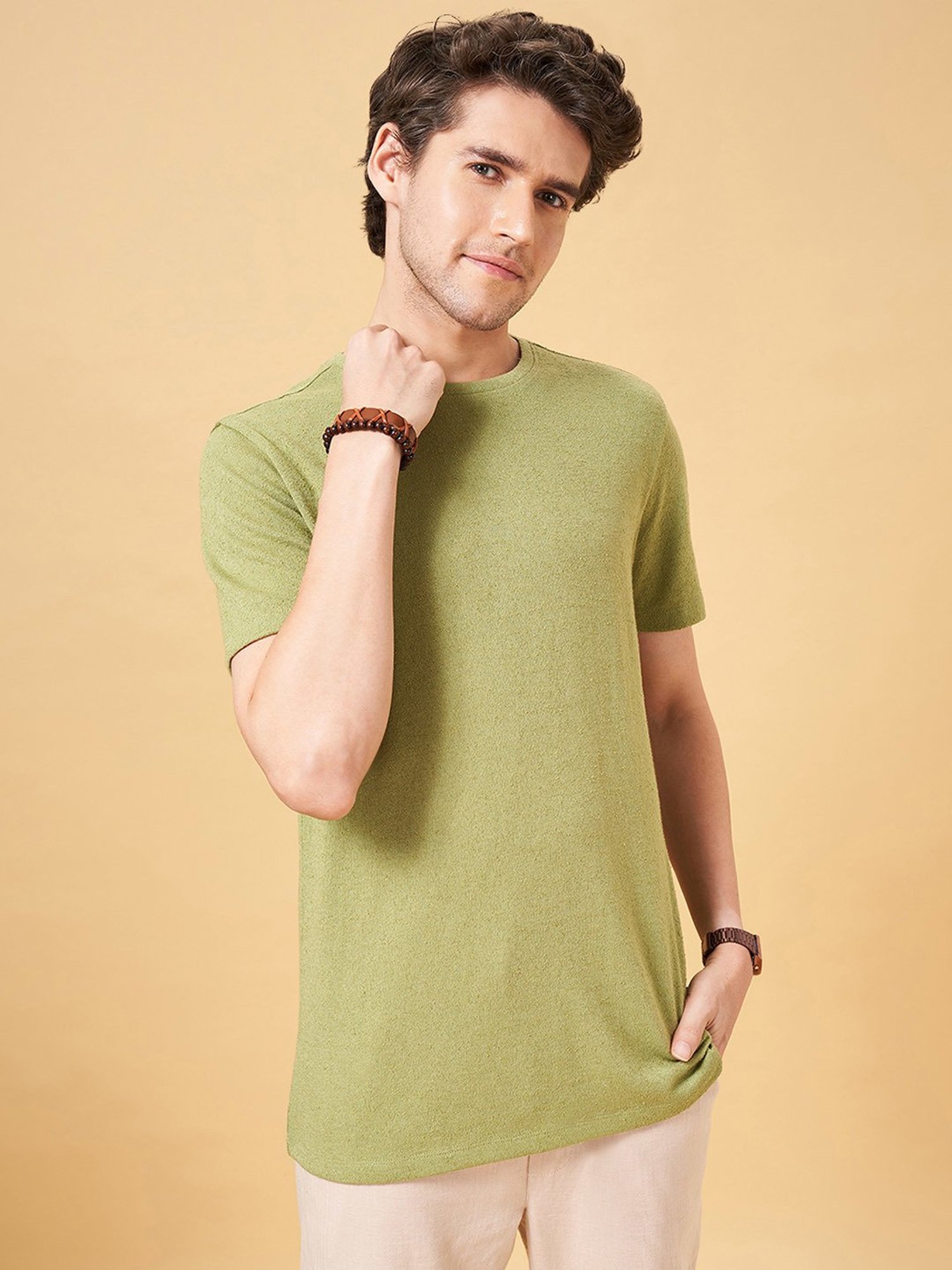 7 Alt by Pantaloons Sage Green Slim Fit Crew T-Shirt
