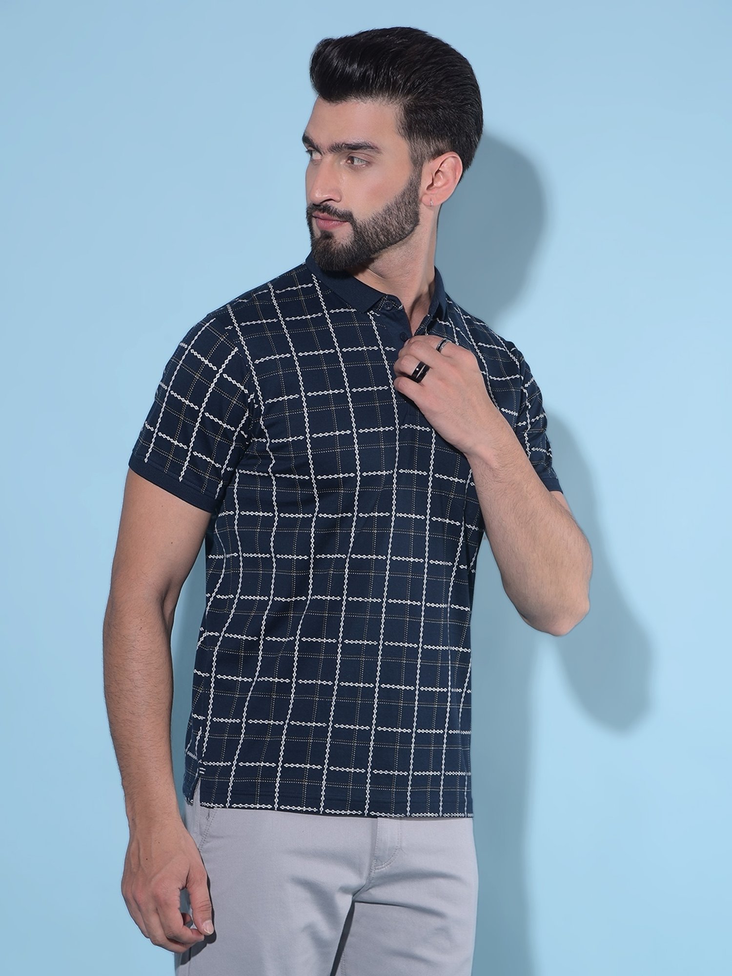 Crimsoune Club Navy Blue Cotton Slim Fit Checks Polo T-Shirt