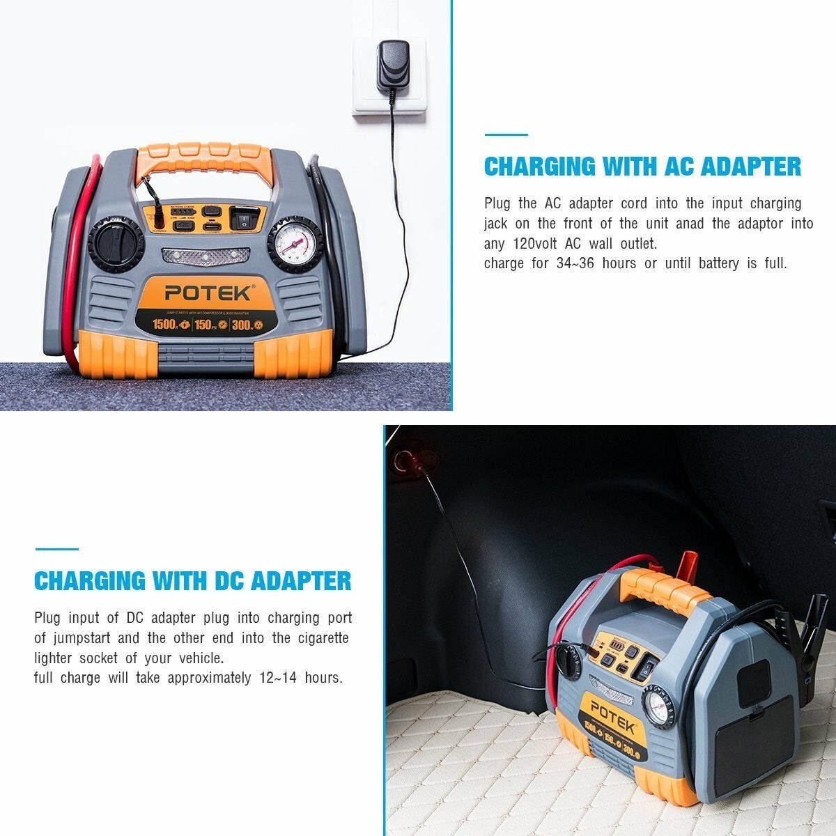 Battery Jump Starter Power Source:1500Peak/750 Instant Amps,300W Inverter