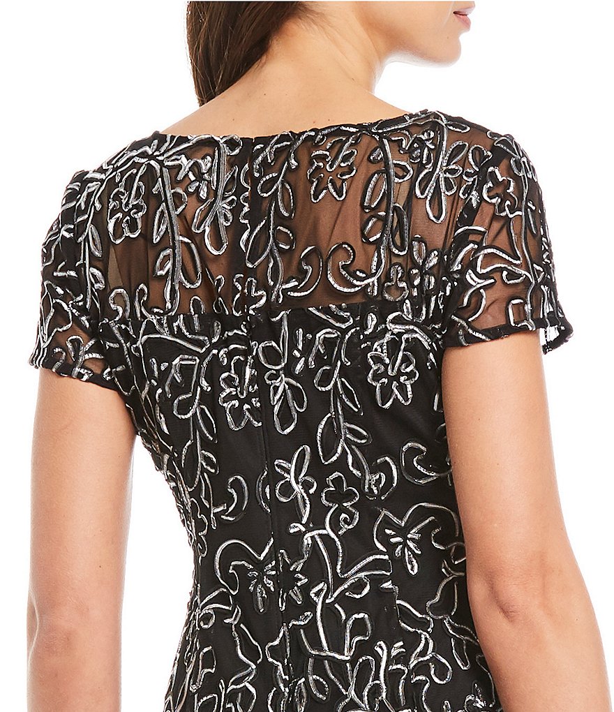 Ignite Evenings Embroidered Soutache Lace Illusion Boat Neck Short Sleeve Midi Dress