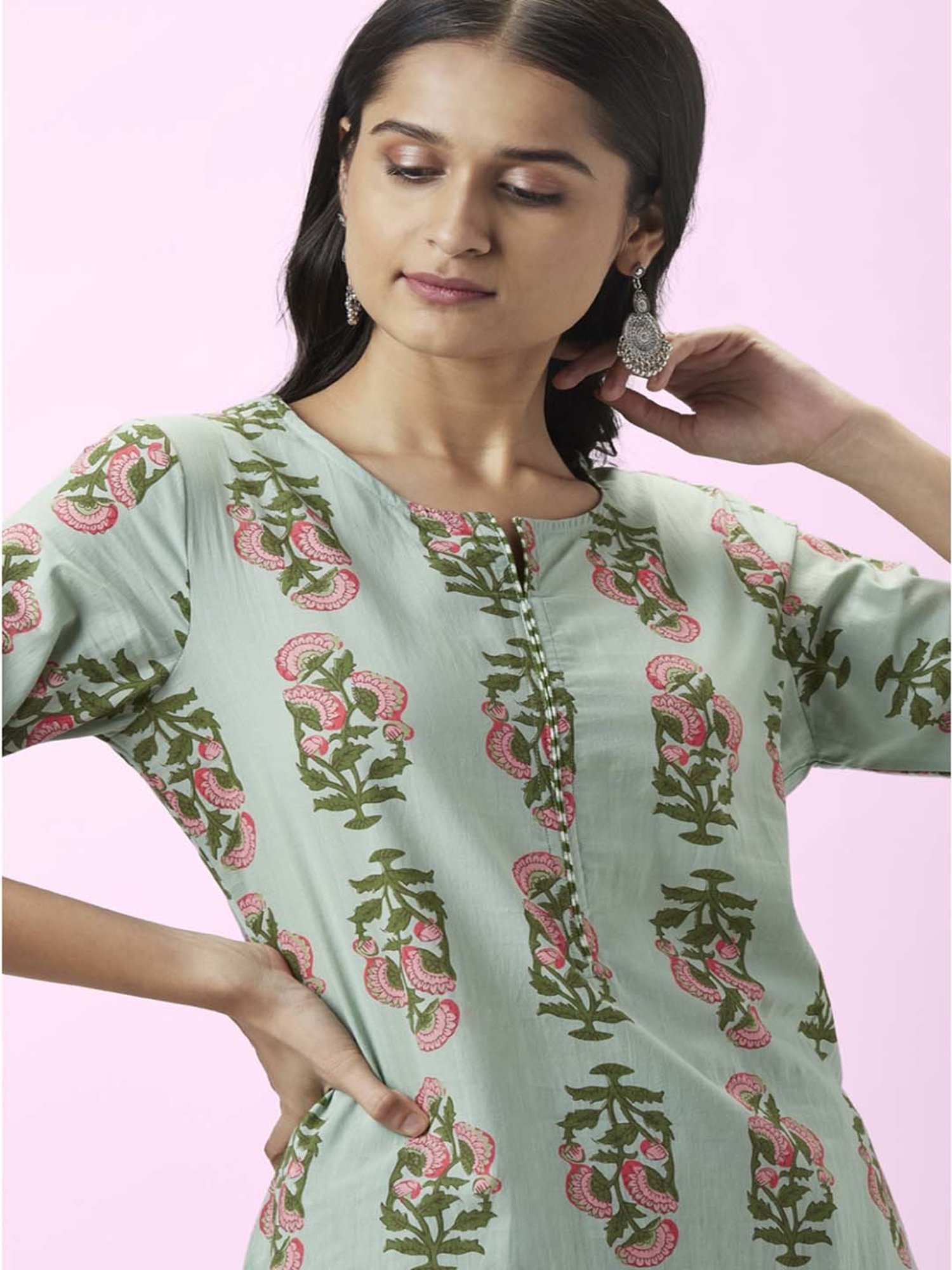 Rangmanch by Pantaloons Mint Green Cotton Floral Print Kurta Palazzo Set