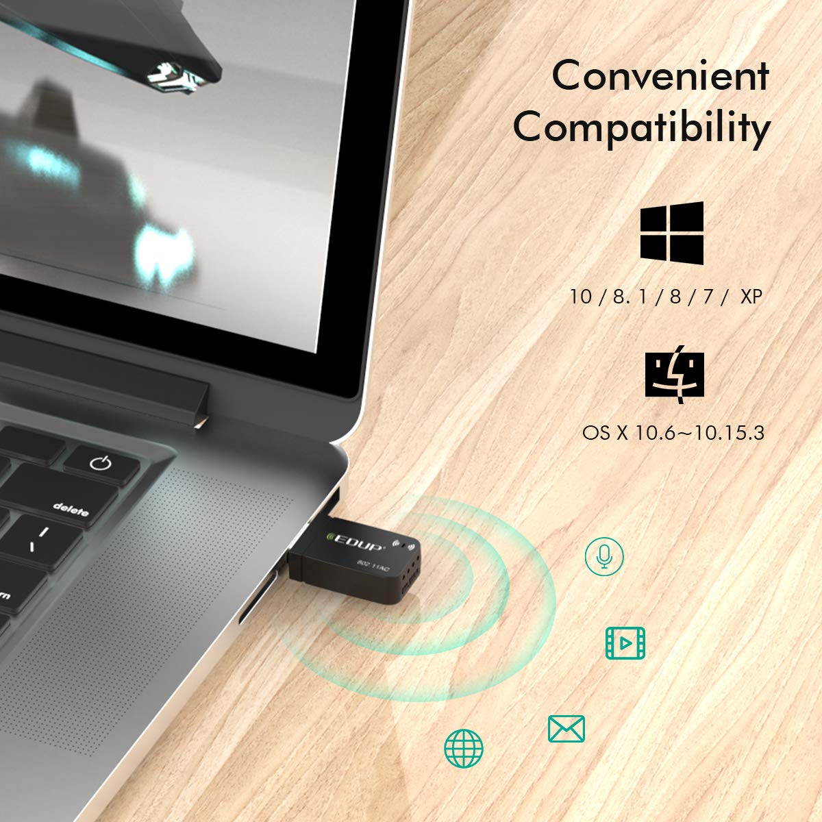 Mini USB WiFi Adapter 1300Mbps USB 3.0 WiFi Dongle 802.11 ac Wireless Network Adapter with 2.4GHz/ 400Mbps 5.8GHz/ 867Mbps with Built-in Antenna for Windows 10/7/8/8.1/XP Mac OS X 10.6-10.15.3