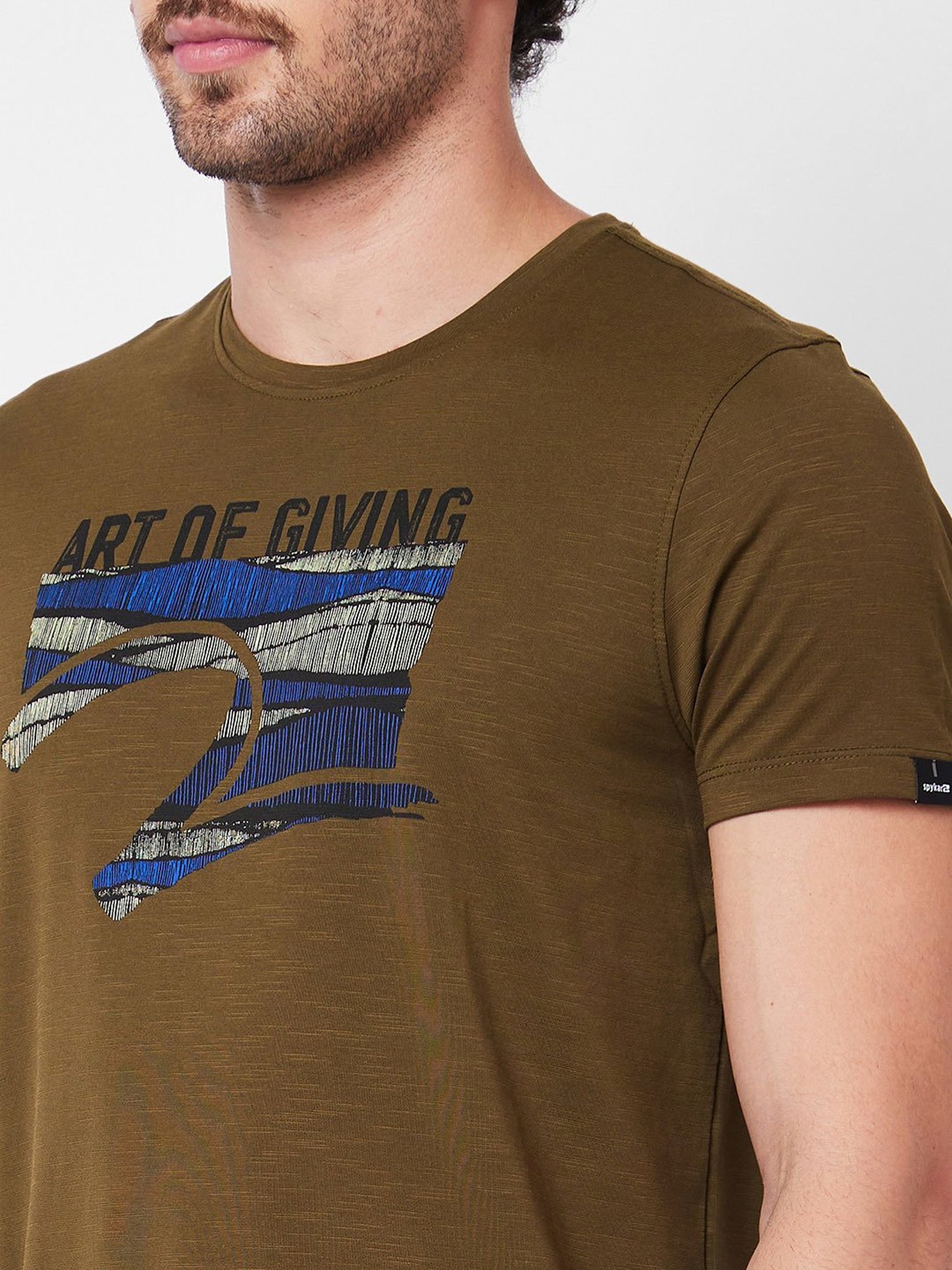 Spykar Olive Slim Fit Graphic Print Crew T-Shirt