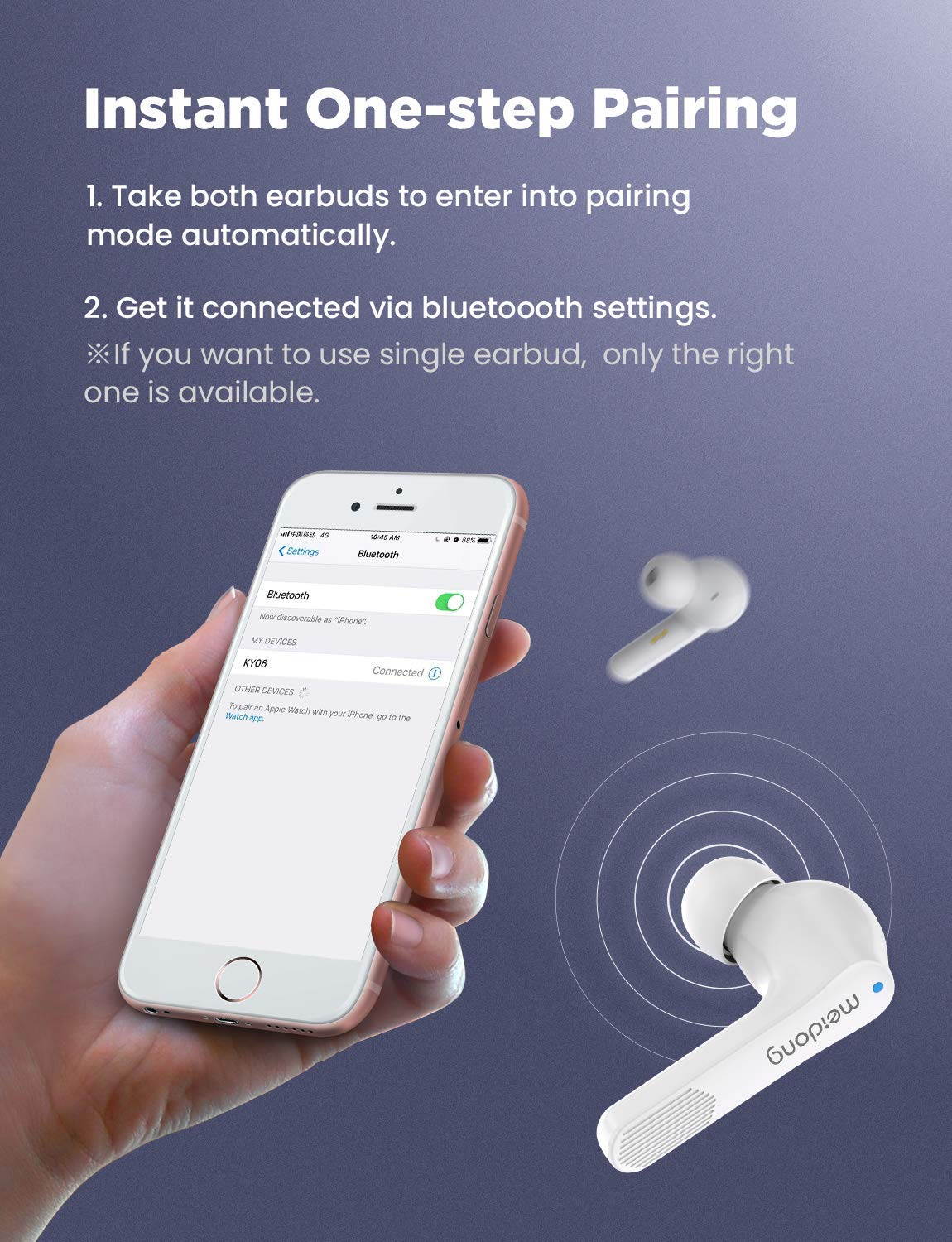 Wireless Earbuds, Meidong Bluetooth Earbuds Headphones V5.0 KY-06 in-Ear Earphones with Premium Sound and Deep Bass Smart Touch Control Built-in Mic Waterproof IPX6 Rchargable Charging Case [Upgraded]