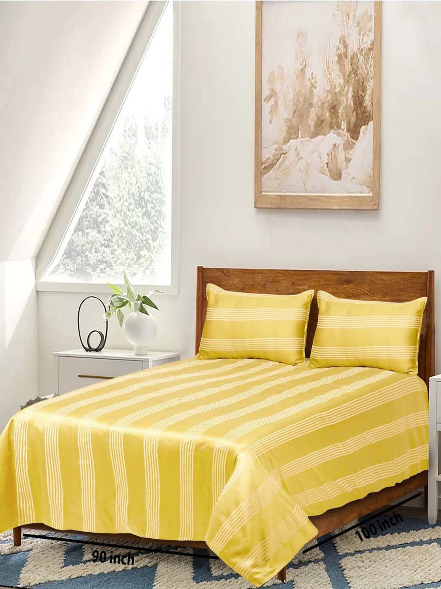 Saral Home Easy Living Yellow Cotton Dhari Soft Self Pattern Queen Bed Sheet With Pillow Covers