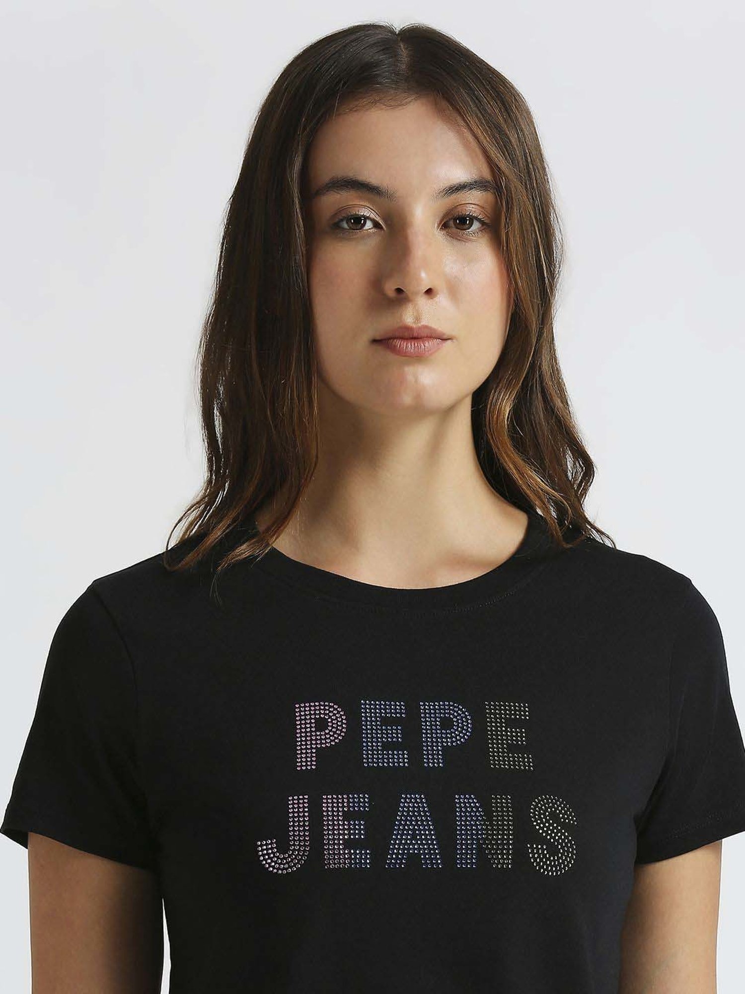 Pepe Jeans Black Cotton Embellished T-Shirt
