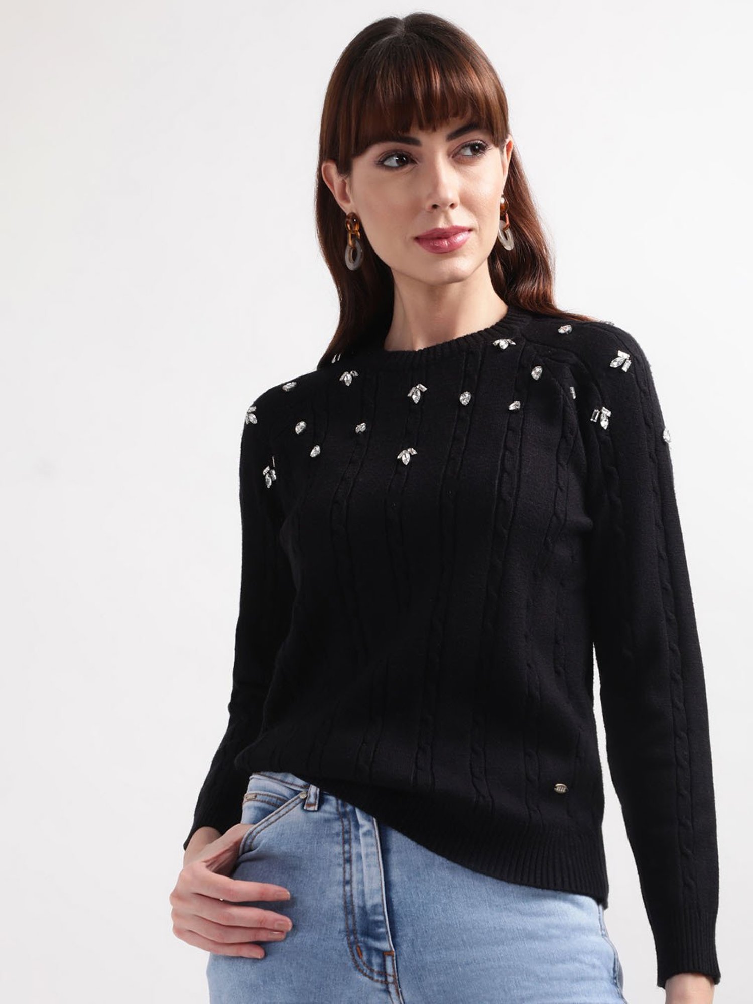Elle Black Cotton Embellished Sweater