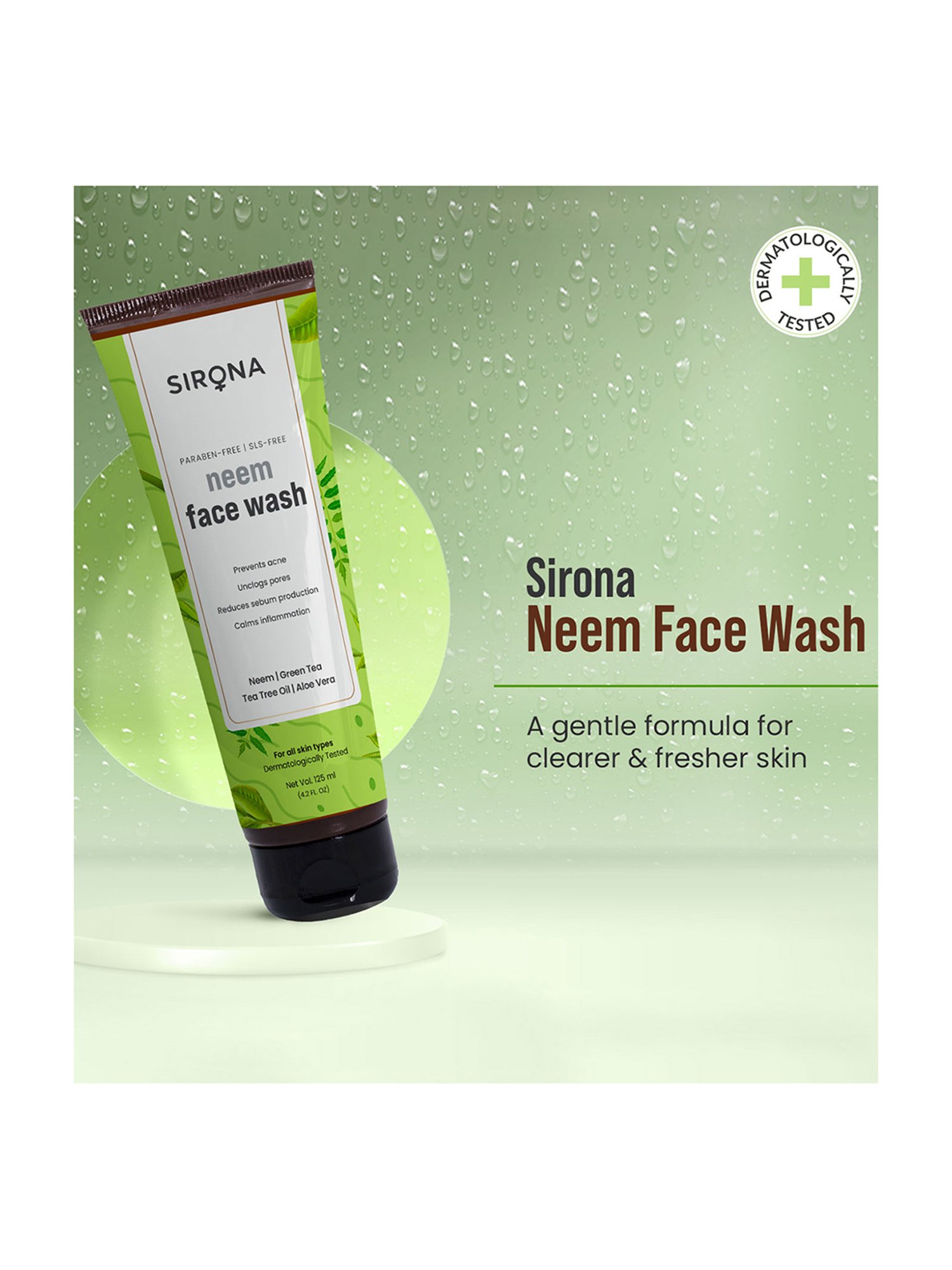 Sirona Neem Face Wash for Men & Women, Reduces Sebum Production & Calms Inflammation - 125ml